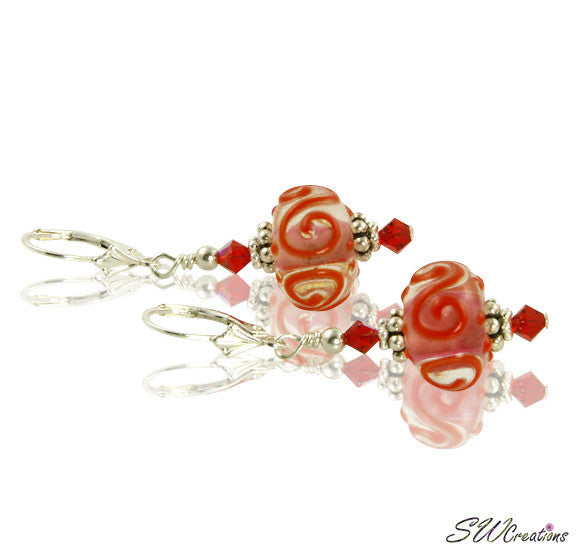 Handmade Red Crystal Swirl Lampwork Glass Earrings for Women - Elegant Dangle Earrings for Party, Wedding & Special Occasions