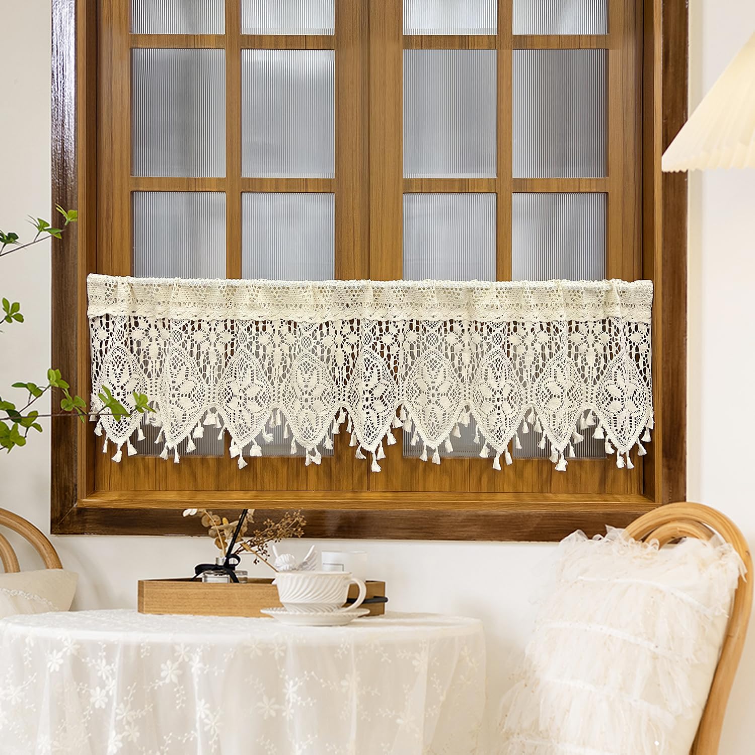 Rustic Crochet Cotton Lace Kitchen Valance Curtains - Farmhouse Tassel Window Treatments for Small Windows (59