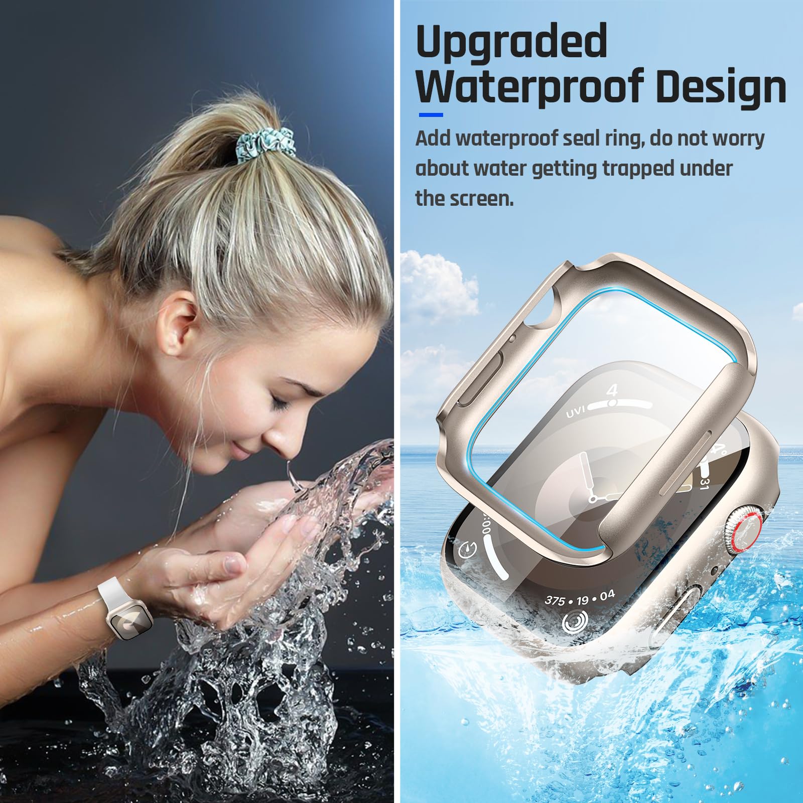 Waterproof Case for Apple Watch Series 9/8/7/6/5/4/SE (44mm 45mm 40mm 41mm) with Tempered Glass Screen Protector - Durable iWatch Protective Cover for Men & Women (Starlight) - Perfect for Swimming, Running & Outdoor Activities