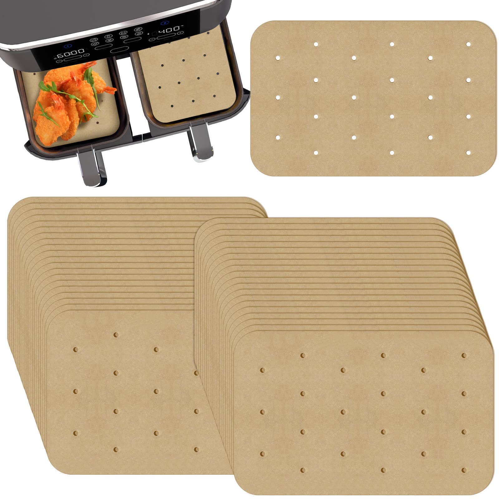 200 Sheets Disposable Air Fryer Parchment Paper Liners - Compatible with Ninja Foodi & 8 Quart 6-in-1 Dual Basket - Non-Stick Rectangle Perforated Baking Sheets for Healthier Cooking | Perfect for Roasting, Baking, and Air Frying Chicken Wings, Vegetables & More