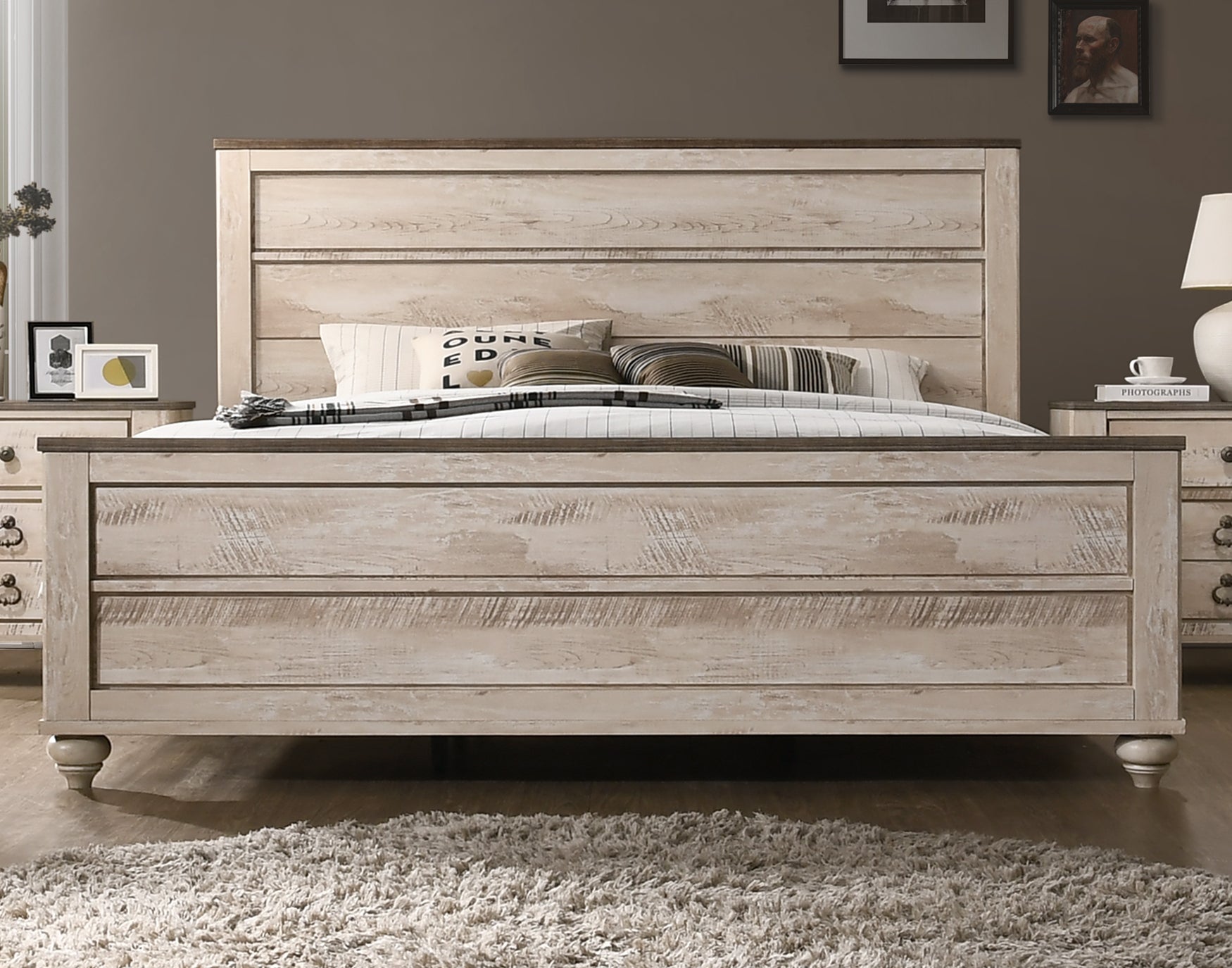 Imerland Contemporary White Wash Finish Panel Bed - Queen Size Modern Farmhouse Bed Frame with Solid Wood Headboard for Bedroom Decor
