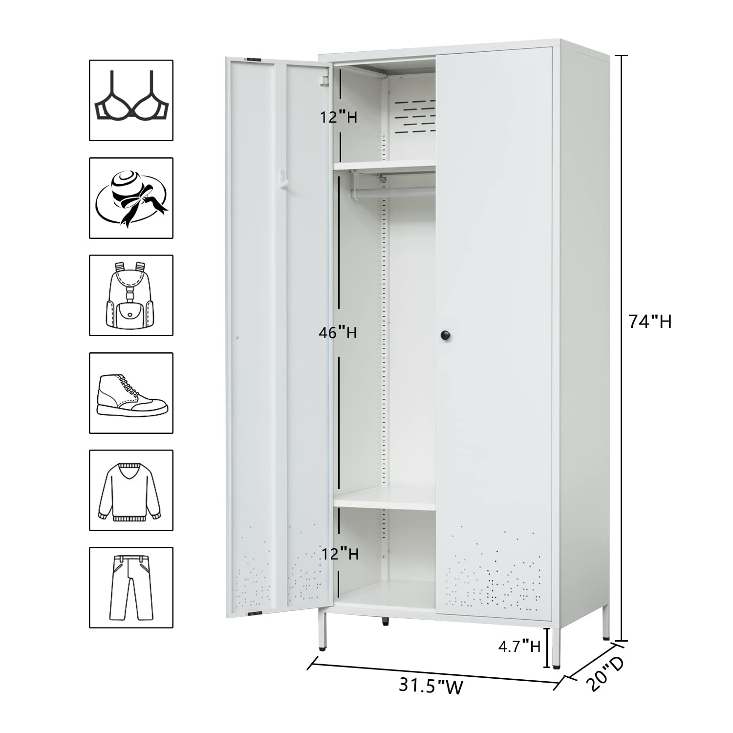 White Metal Storage Cabinet with Hanging Rod - Wardrobe Armoire Closet Organizer for Bedroom, Laundry Room & Home Organization - Perfect for Clothes Storage, Linen Organization & Small Space Saving