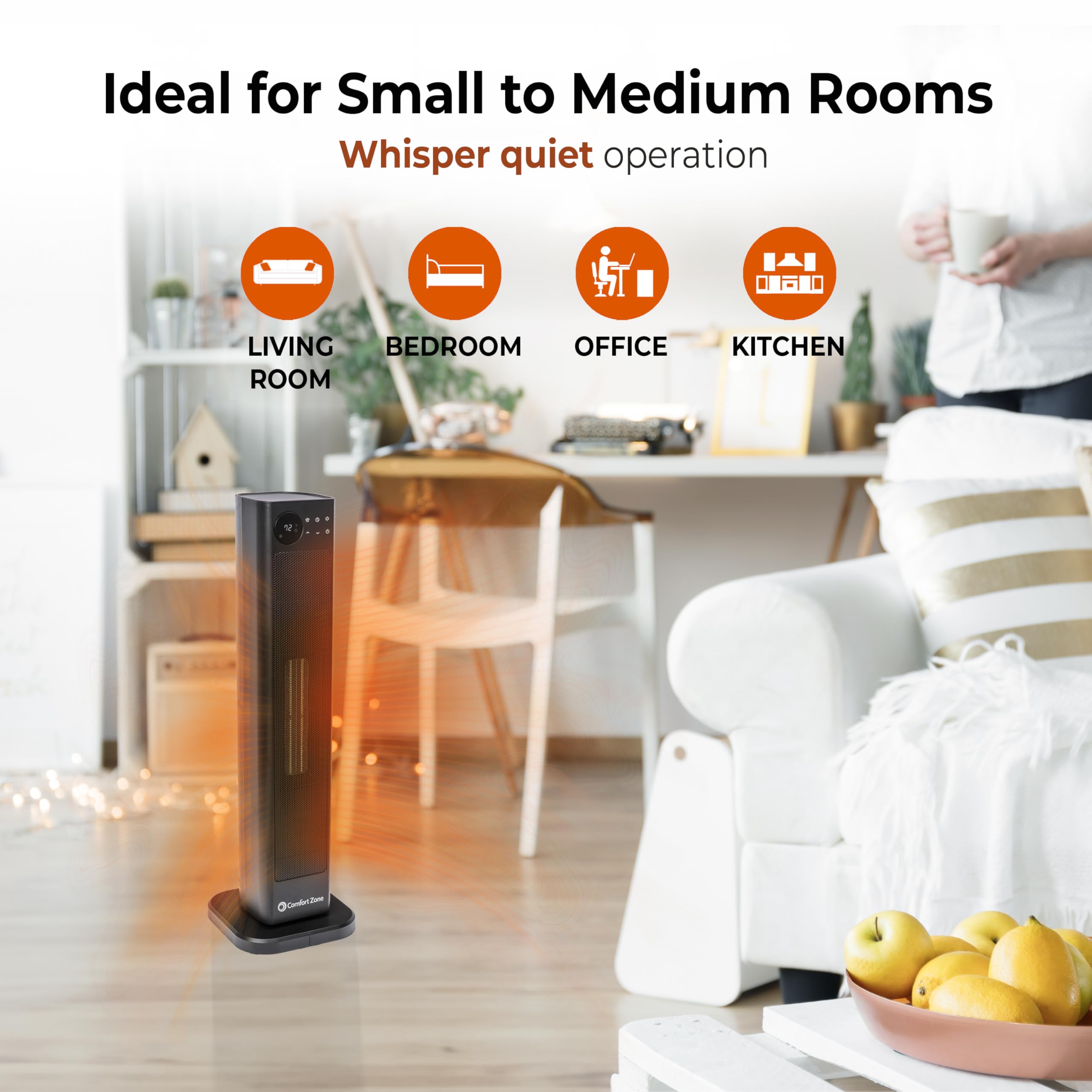 Comfort Zone 1500W Portable Space Heater for Indoor Use - 30 Inch, Remote Control, Adjustable Thermostat, 12H Timer, 90° Oscillation, Temperature Display - Perfect for Bedroom, Office & Home Heating