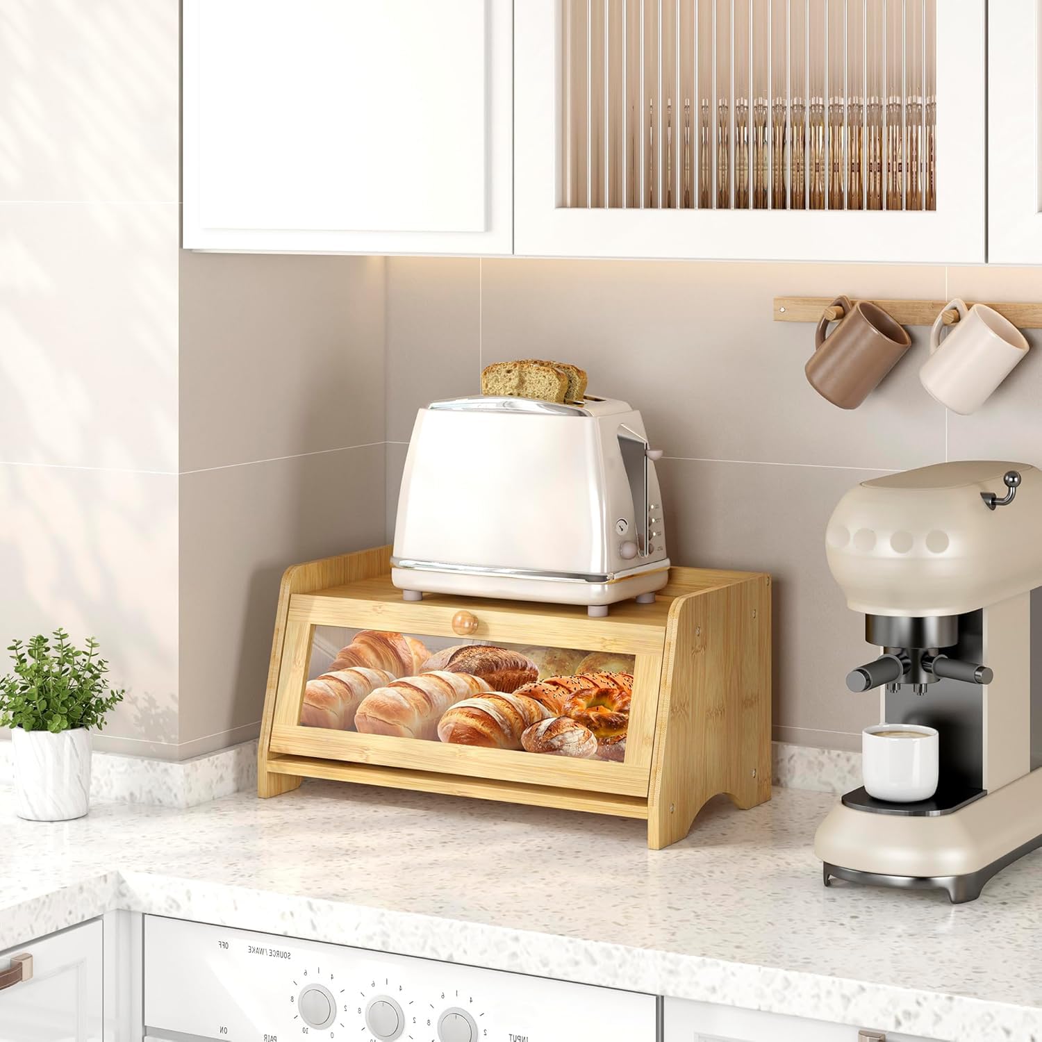 **Large Wooden Farmhouse Bread Box with Window - Natural Bamboo Bread Storage Container for Kitchen Countertop | Perfect for Fresh Bread, Baguettes, and Pastries**