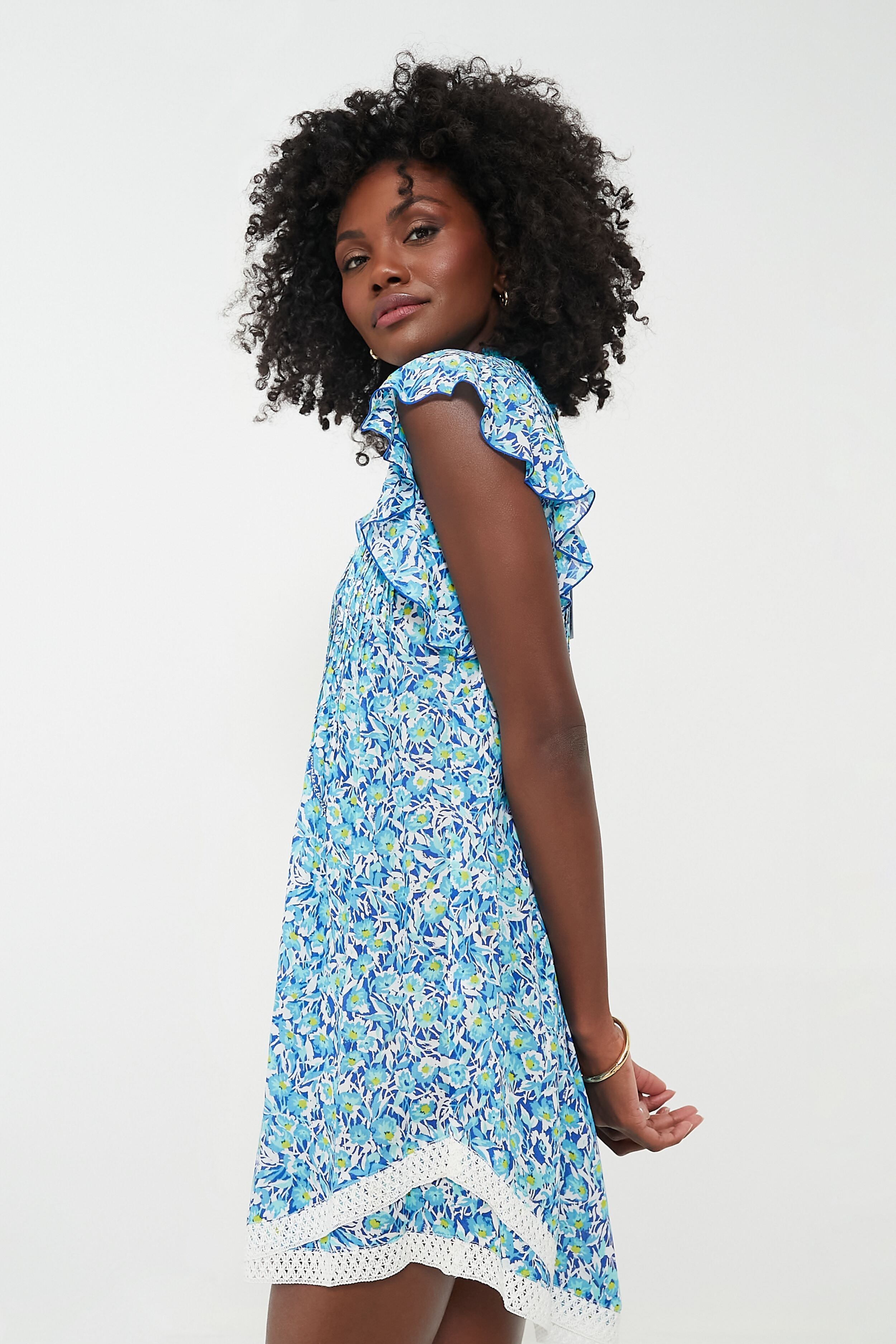Blue Ocean Flowers Sasha Mini Dress - Floral Print Summer Dress for Women, Perfect for Beach Vacations, Parties & Casual Outings