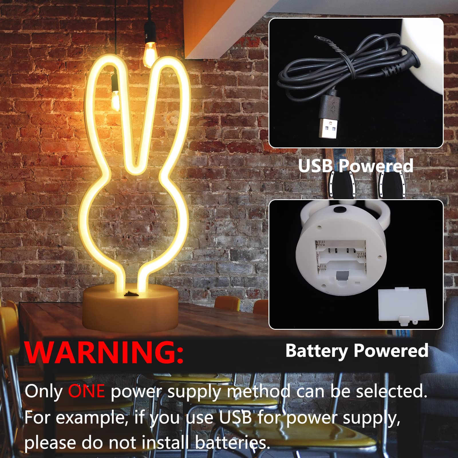 Easter Bunny Neon Sign with Base - Battery/USB Powered Rabbit Decor for Home, Nursery, Kids Room - Spring & Holiday Party Decorations (Warm White) - Perfect for Easter Celebrations, Bedroom Lighting, and Seasonal Home Decor