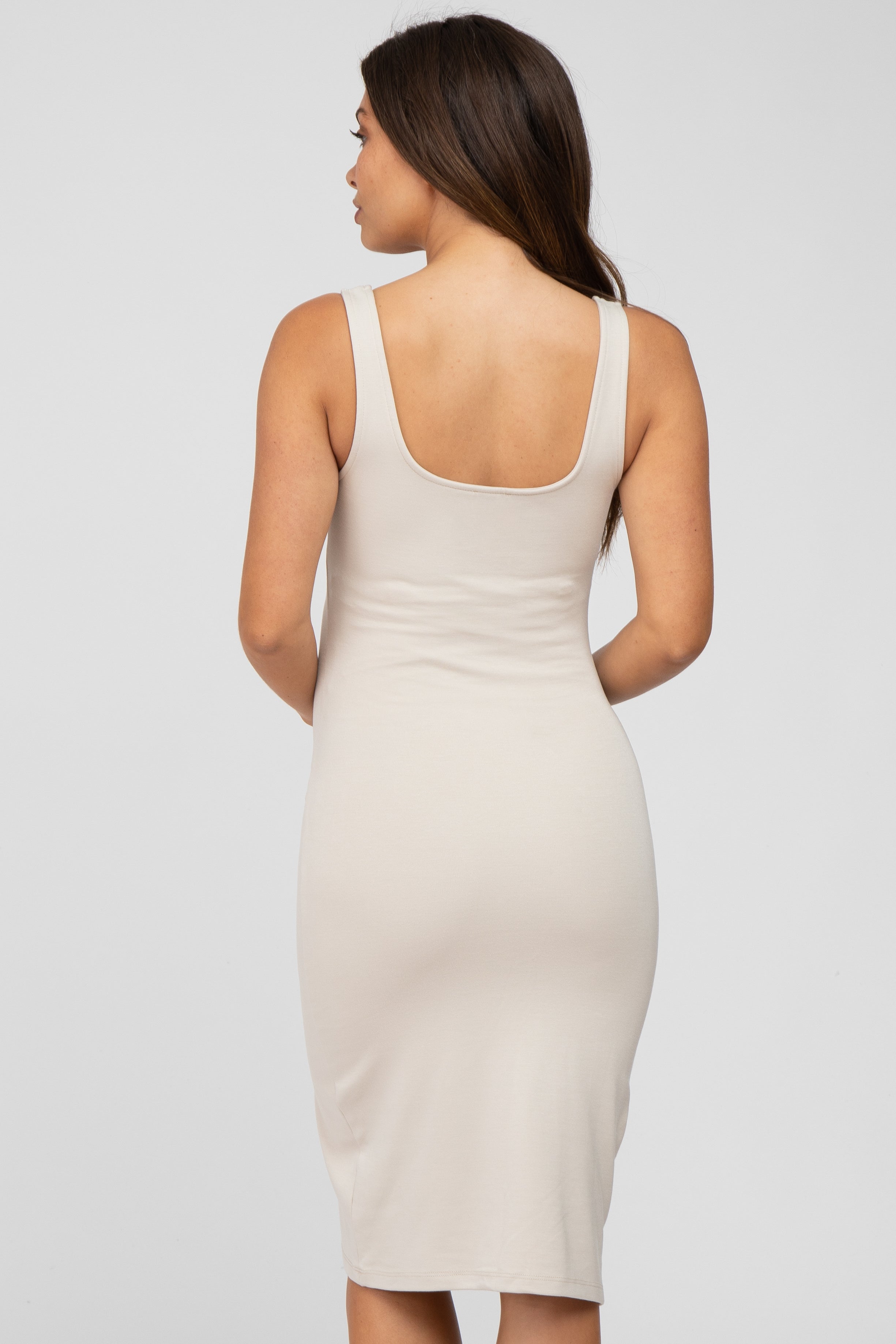Beige Fitted Maternity Midi Tank Dress for Women - Comfortable Pregnancy Clothes for Summer, Nursing & Baby Shower - Perfect for Casual Outings & Maternity Photoshoots