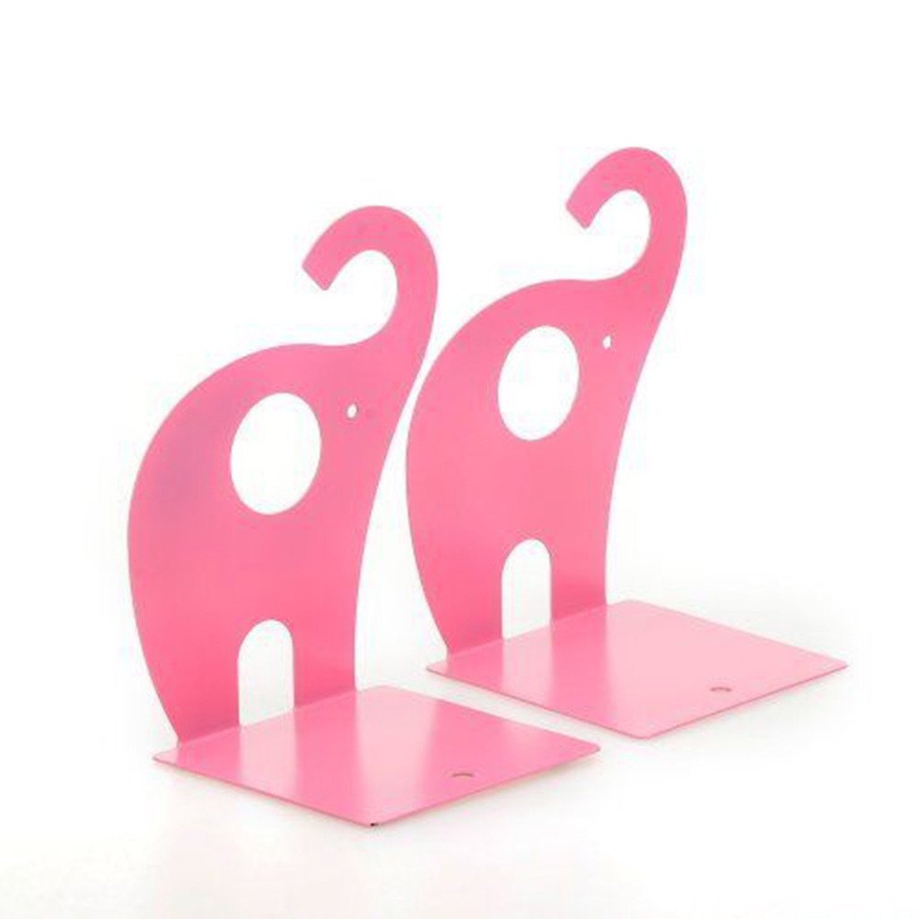 Cute Elephant Bookends for Desk - Non-Slip Metal Office Book Holder with Winterworm Cartoon Design (Pink) - Perfect for Kids' Room, Study Table & Bookshelf Organization