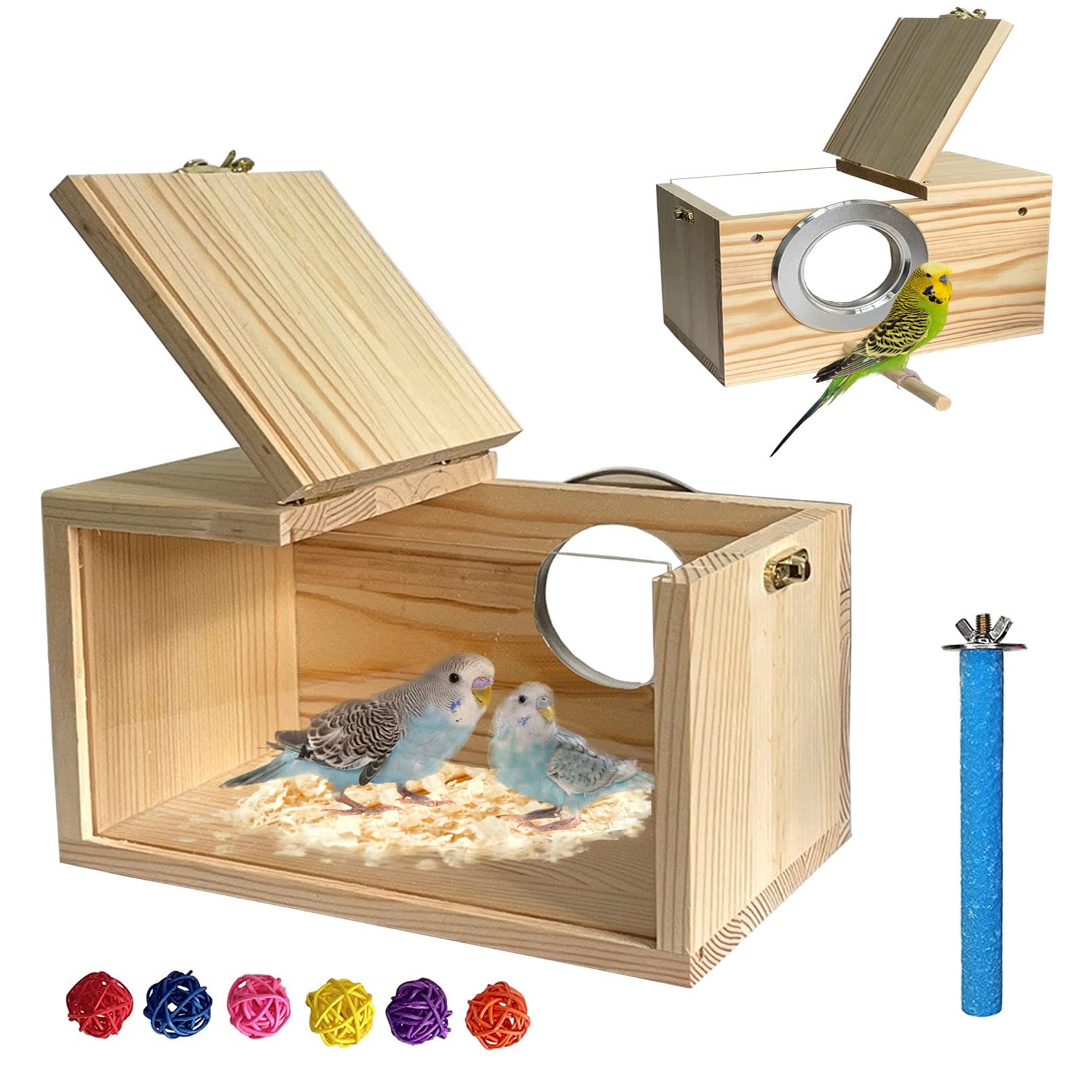 Transparent Wooden Parakeet Nesting Box - Natural Bird Breeding House with Perch for Lovebirds, Cockatiels & Canaries | Perfect for Cage Mounting & Safe Bird Nesting