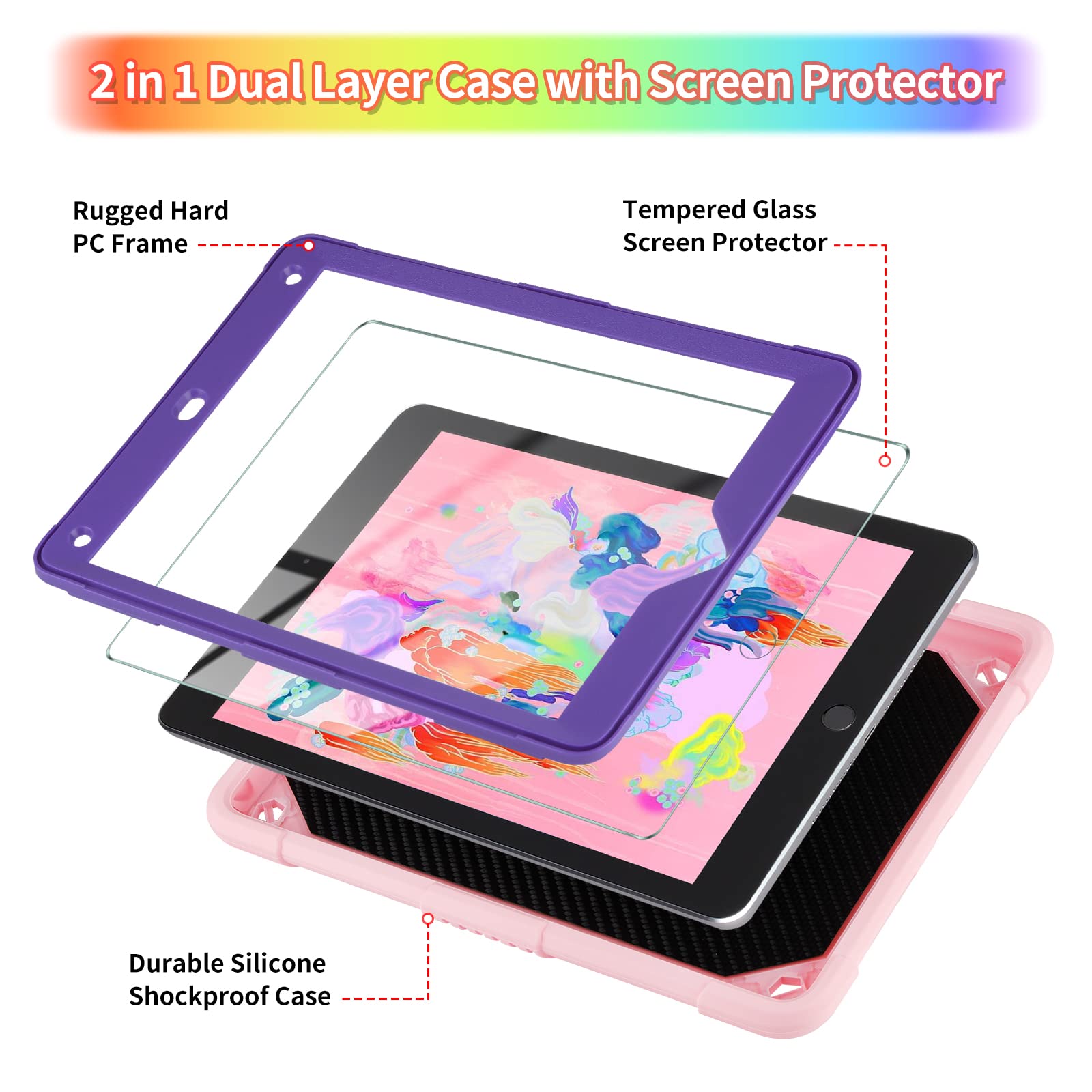 Premium Shockproof iPad 9.7 Case for 6th/5th Gen & Air 2 - Butterfly Kickstand, Screen Protector, Pencil Holder & Lanyard - Cute Pink & Purple Protective Cover for Girls & Kids - Perfect for School, Travel & Daily Use