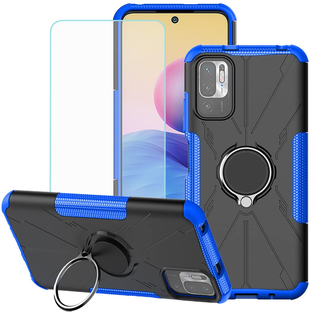 Shockproof Magnetic Kickstand Case for Redmi Note 10 5G/Poco M3 Pro/Redmi Note 10T 5G - Includes Tempered Glass Screen Protector | Perfect for Work, Travel & Everyday Protection (Blue)