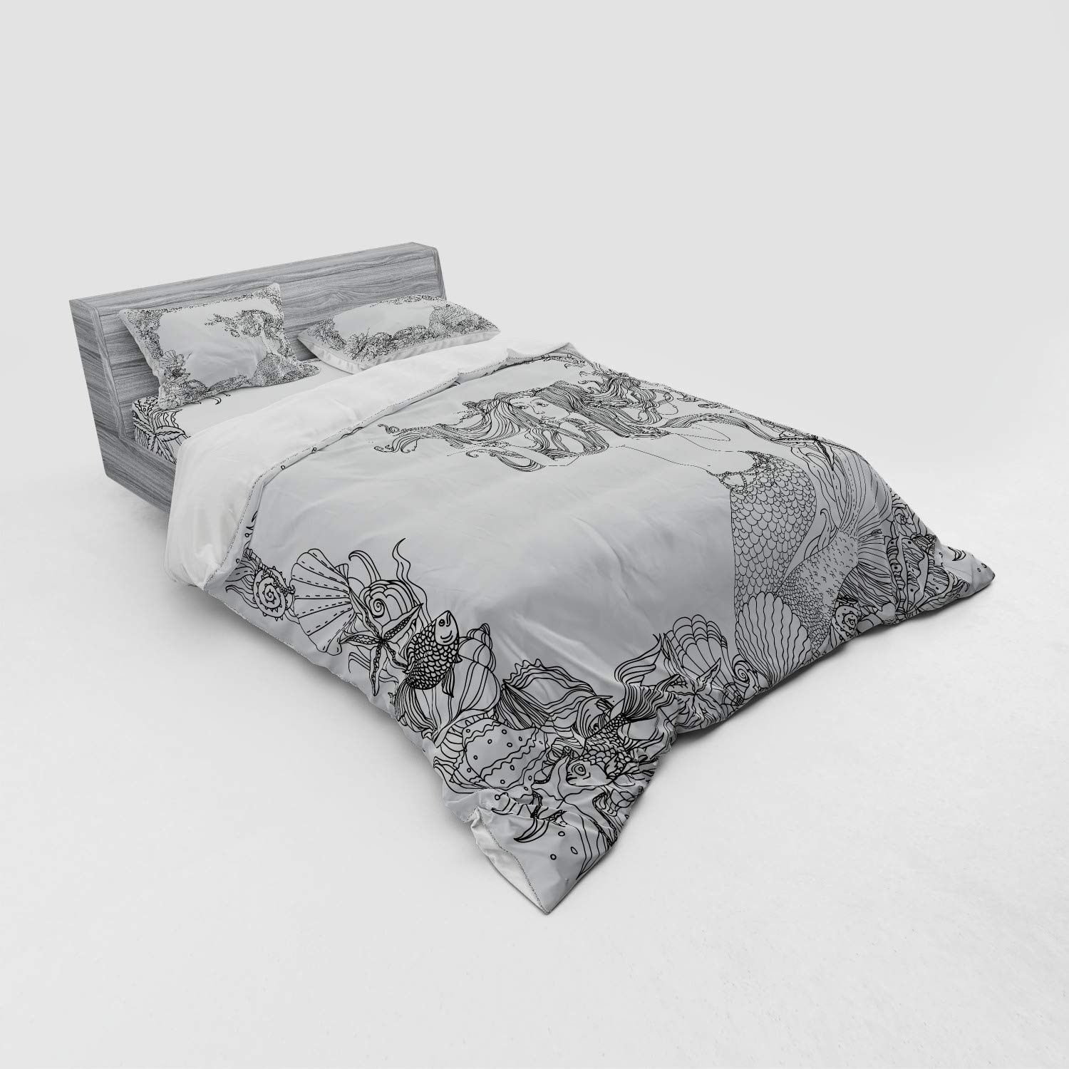 Ambesonne Mermaid Bedding Set - Queen Size 4-Piece Duvet Cover with Shams & Fitted Sheet, Grey White Seashell Starfish Coral Reef Myth Art Design | Perfect for Coastal Themed Bedrooms, Guest Rooms & Mermaid Lovers