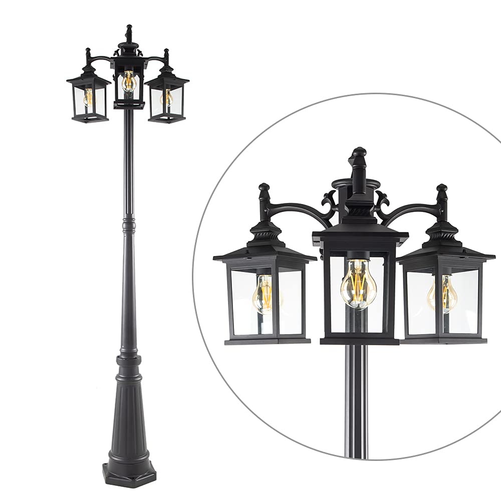 LUTEC Triple-Head Vintage LED Outdoor Street Light - Black Post Light with Clear Glass Panels for Lawn, Patio, Yard, Pathway & Garden Lighting | Perfect for Driveway, Walkway and Landscape Illumination
