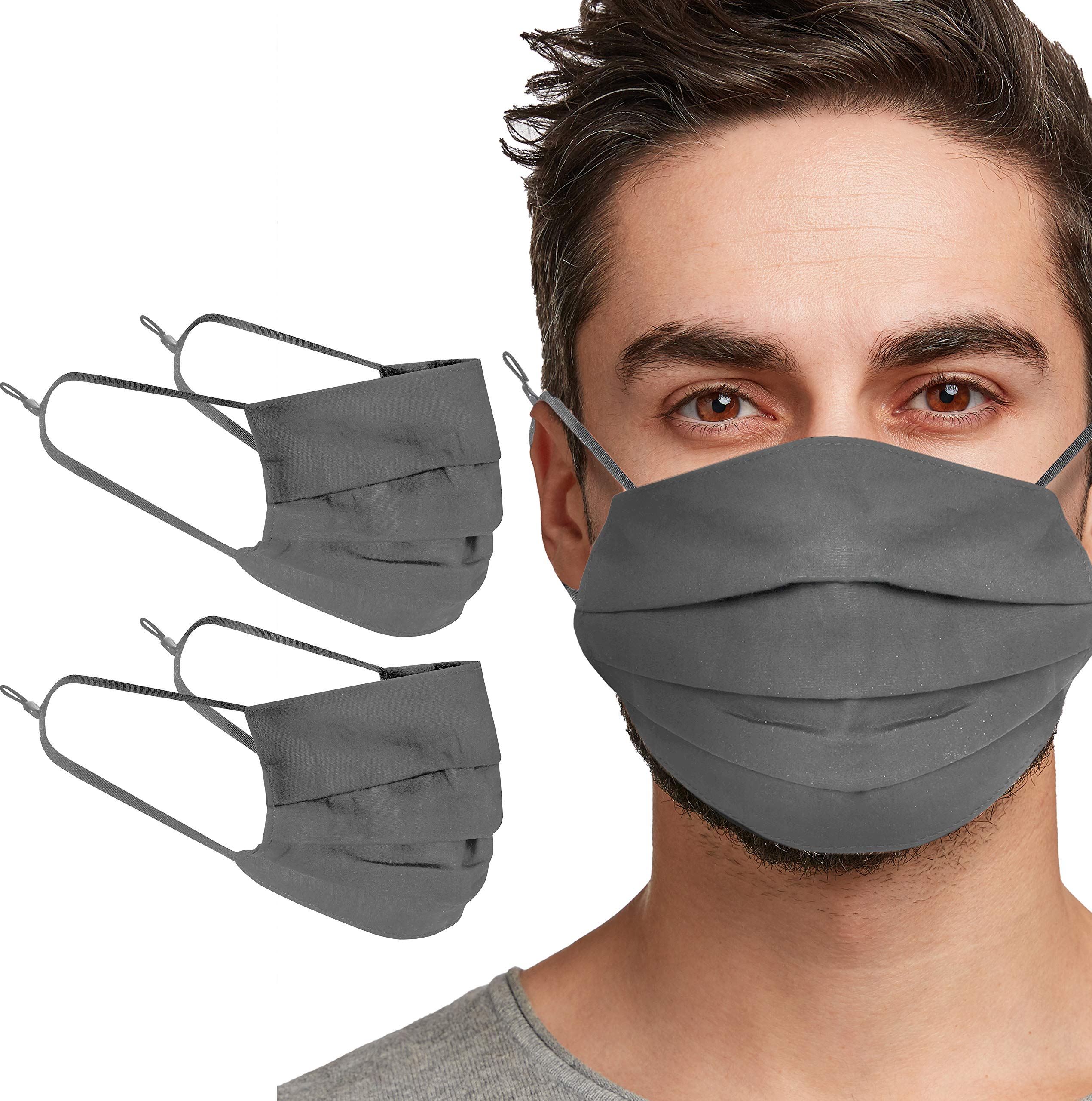 TANNESS 2 Pack Reusable 3-Ply 100% Cotton Face Masks - Washable & Breathable for Daily Protection (Grey) | Perfect for Work, Travel & Outdoor Activities