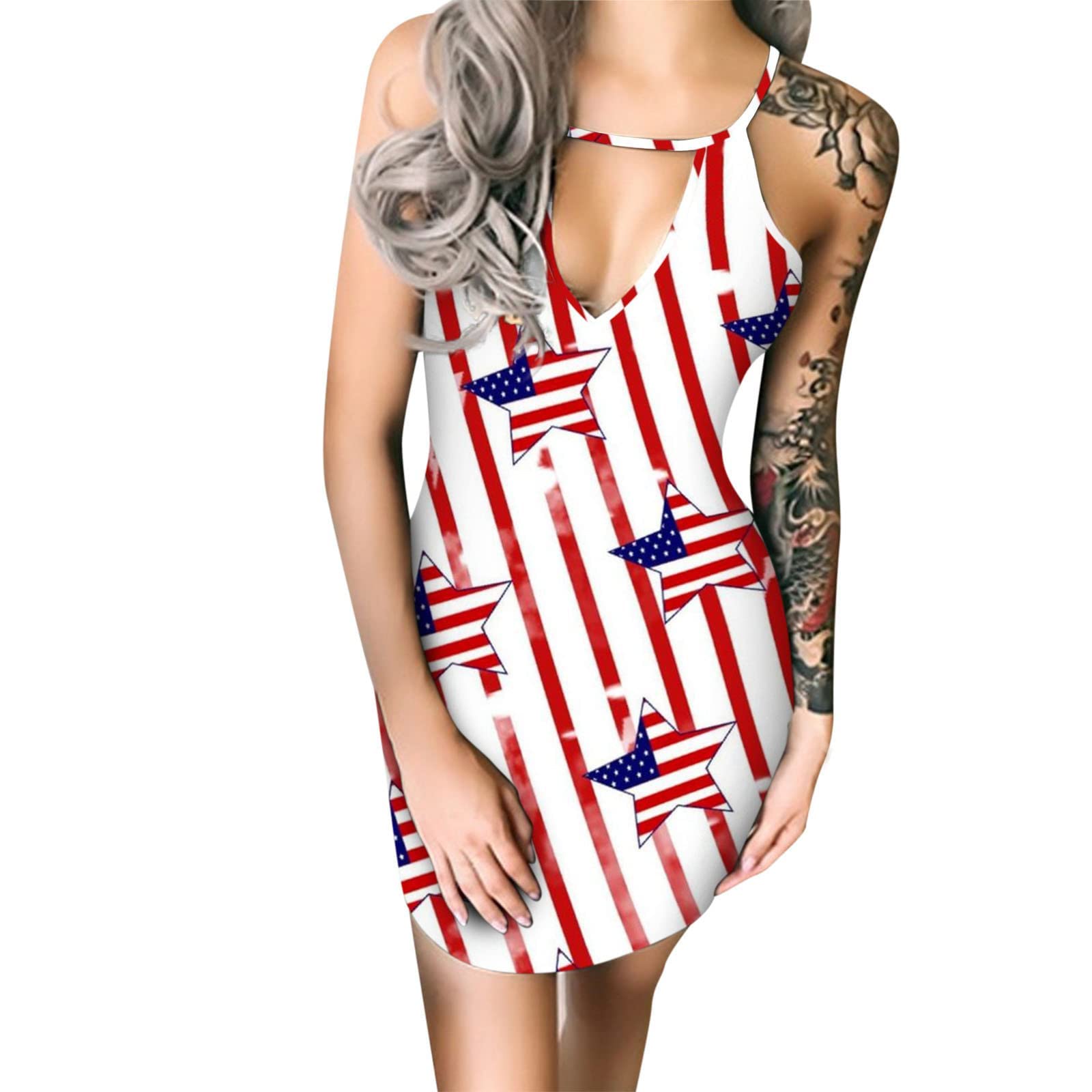 Women's Summer Dresses 2023 - Casual Sleeveless Round Neck Mini Dress with Independence Day Print | Perfect for Beach Vacations, 4th of July Parties & Summer Outings