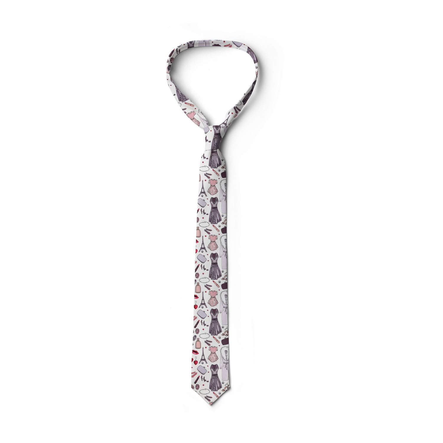 Ambesonne Modern Necktie for Women - Feminine Fashion Accessory with Dress, Earrings & Heels Design - 3.7 Inch Pastel Purple & Pink Necktie - Perfect for Office, Parties & Special Occasions