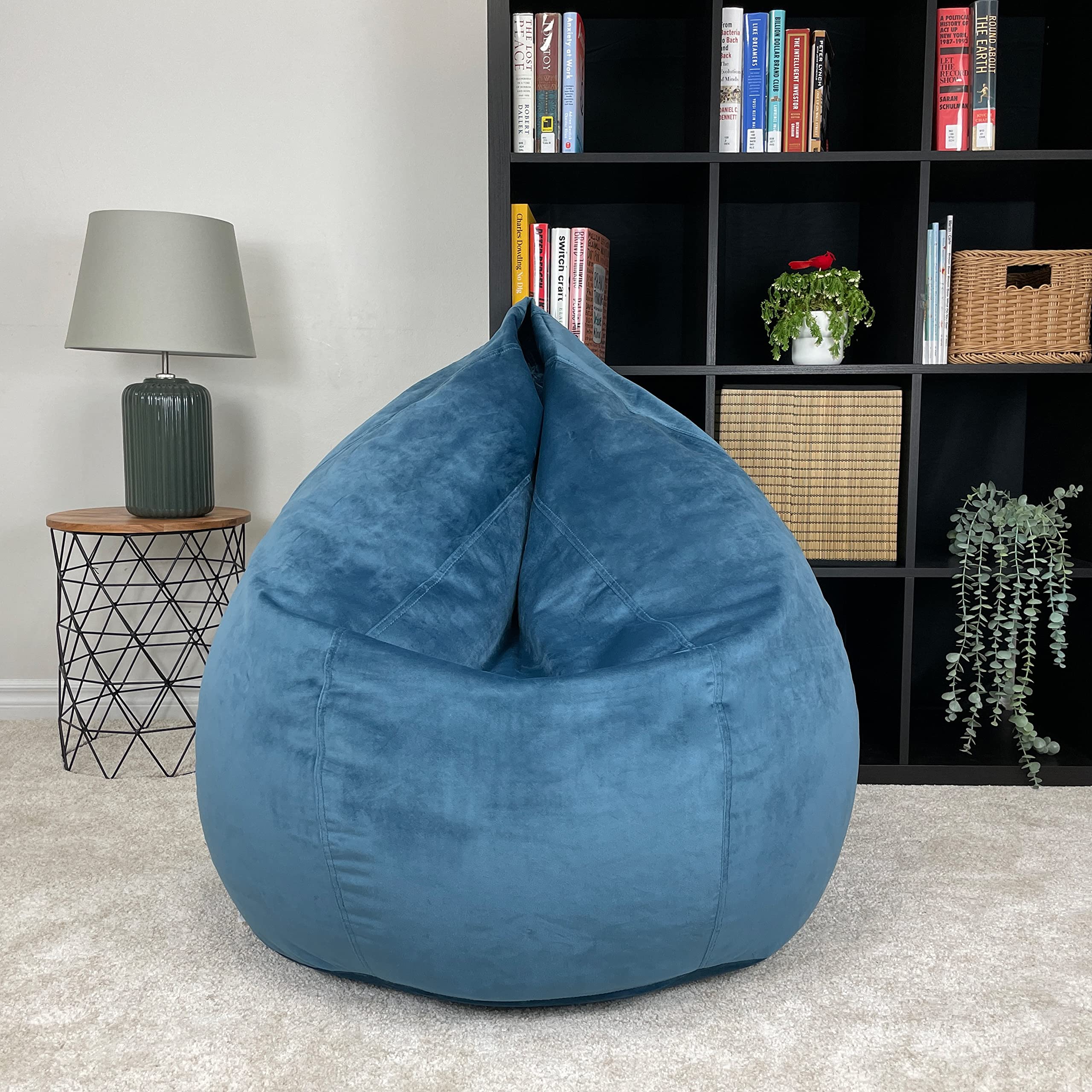 Ultra Soft Velvet Blue Dojo Teardrop Bean Bag Chair for Adults & Teens - Giant Filled Bean Bag with Double Stitching & Easy Clean Fabric - Perfect for Gaming Rooms, Dorm Lounges & Cozy Home Decor