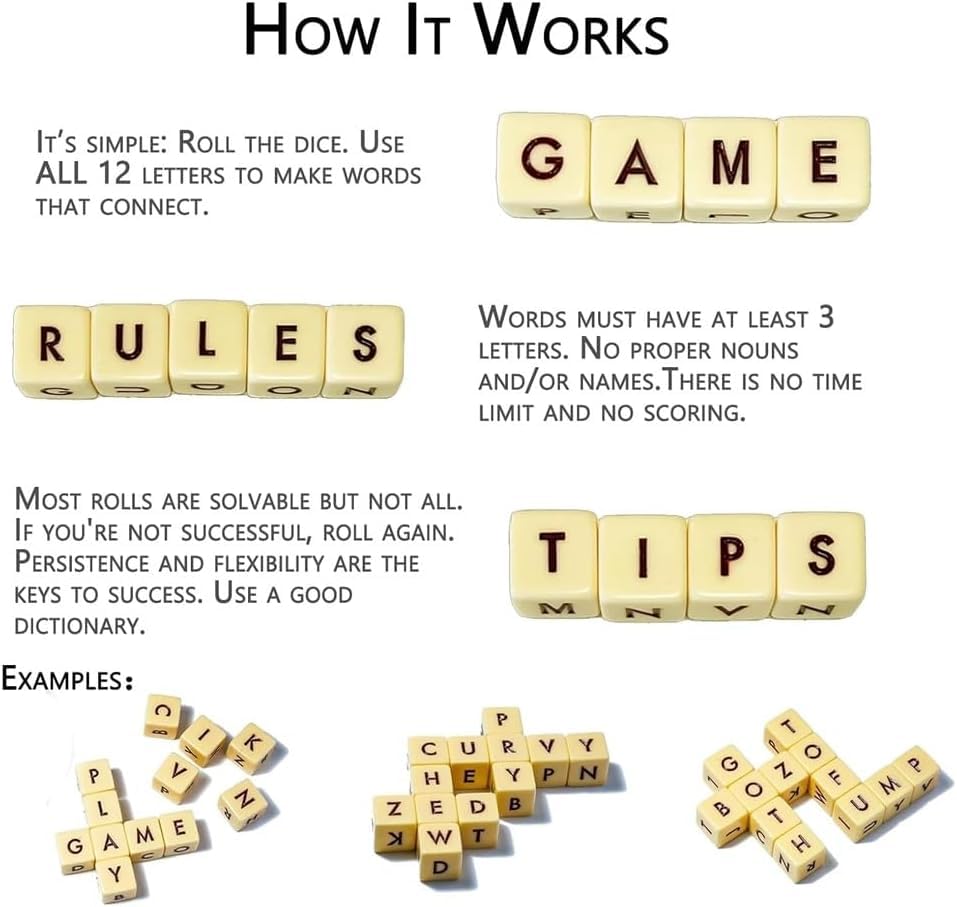 2PC Crossword Solitaire Dice Game - 12 Letter Dice Set with Travel Case | Fun Word Building Game for Kids & Adults | Perfect for Family Game Night, Travel Entertainment & Classroom Learning