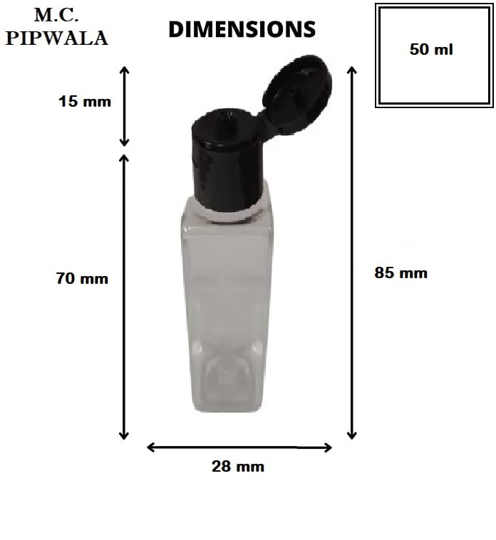50ml PET Clear Square Plastic Bottles with Black Flip Top Cap - Leak Proof Cosmetic & Travel Containers (Pack of 12) | Ideal for DIY Beauty Products, Essential Oils, Travel Toiletries & Liquid Storage