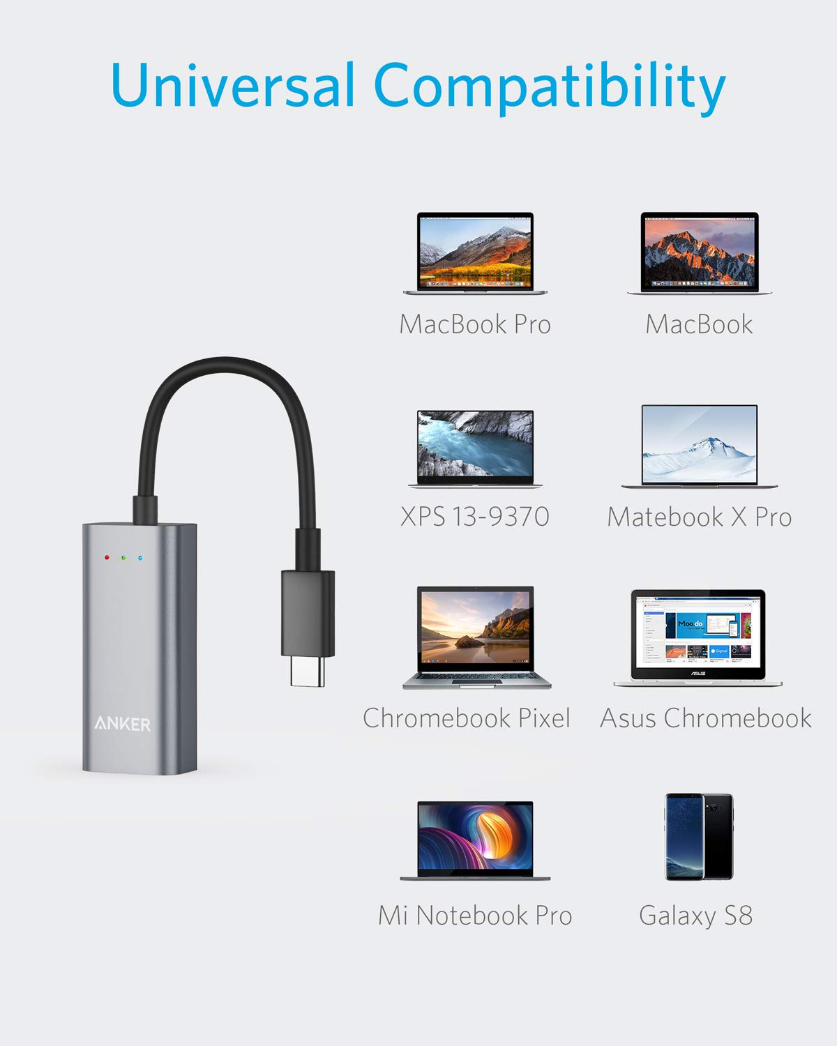 Anker USB C to Ethernet Adapter - Portable 1-Gigabit Network Hub (10/100/1000 Mbps) for MacBook Pro, iPad Pro, Chromebook, XPS, Galaxy S9/S8 - High-Speed Wired Internet Connection for Work, Gaming & Streaming
