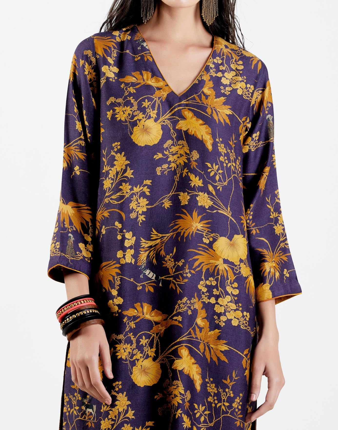 Elegant V Neck Kurta for Women - Premium Muga Satin Gold Embroidered Tunic - Perfect for Festivals, Weddings & Special Occasions