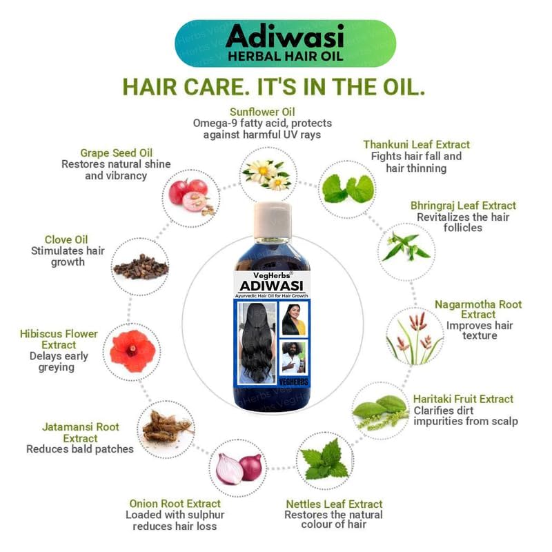 VegHerbs Original Karnataka Adiwasi Hair Oil for Hair Growth - Ayurvedic Herbal Oil with Onion, Rosemary, Castor, Amla, Almond, Coconut, Brahmi & Bhringraj | 100ml (Pack of 2) | Promotes Thicker, Longer Hair & Scalp Health | Perfect for Daily Hair Care & Natural Treatment