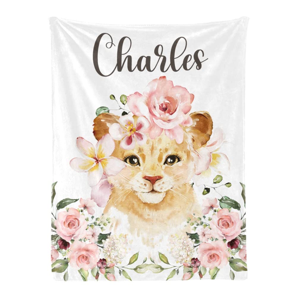 Custom Personalized Baby Blankets for Boys - Floral Lion Design with Name Embroidery (50