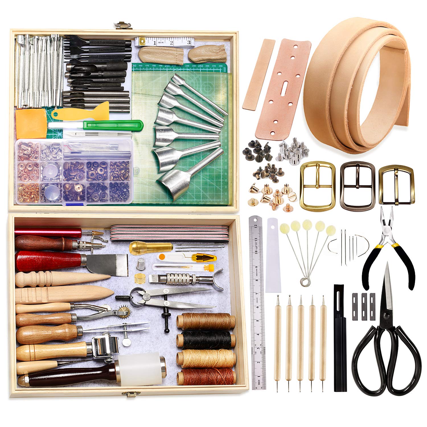 BUTUZE 489Pcs Leather Craft Tool Kit with Stamping Tools, Sewing Supplies & Instruction Guide - DIY Leatherworking, Carving & Hand Stitching Projects - Perfect for Leather Crafting, Repair & Gift Making