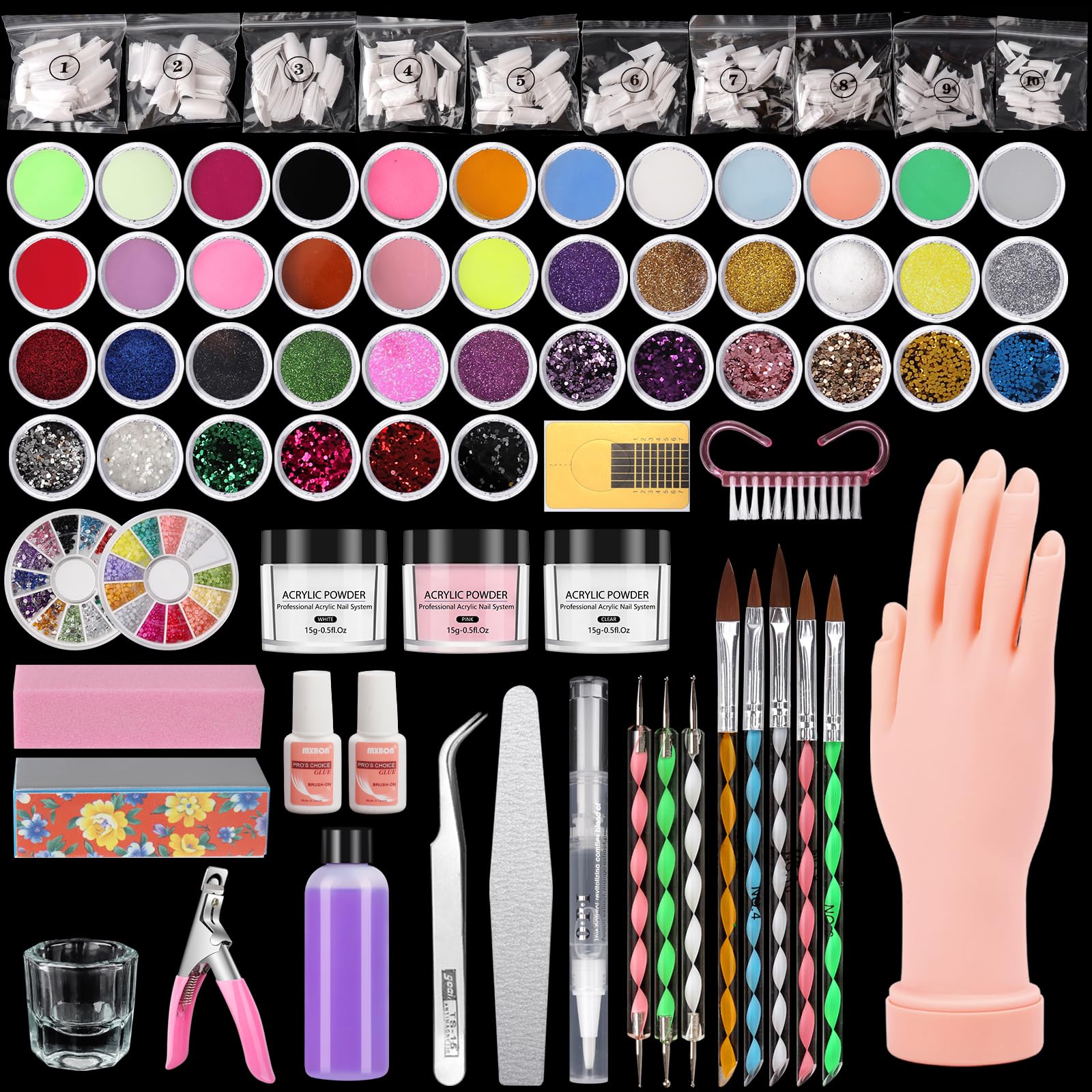 Professional Acrylic Nail Practice Hand - Fake Training Mannequin Hand with Nail Kit Set (Includes Acrylic Powder & Liquid) - Perfect for Nail Tech Students, Salon Practice & DIY Manicures at Home