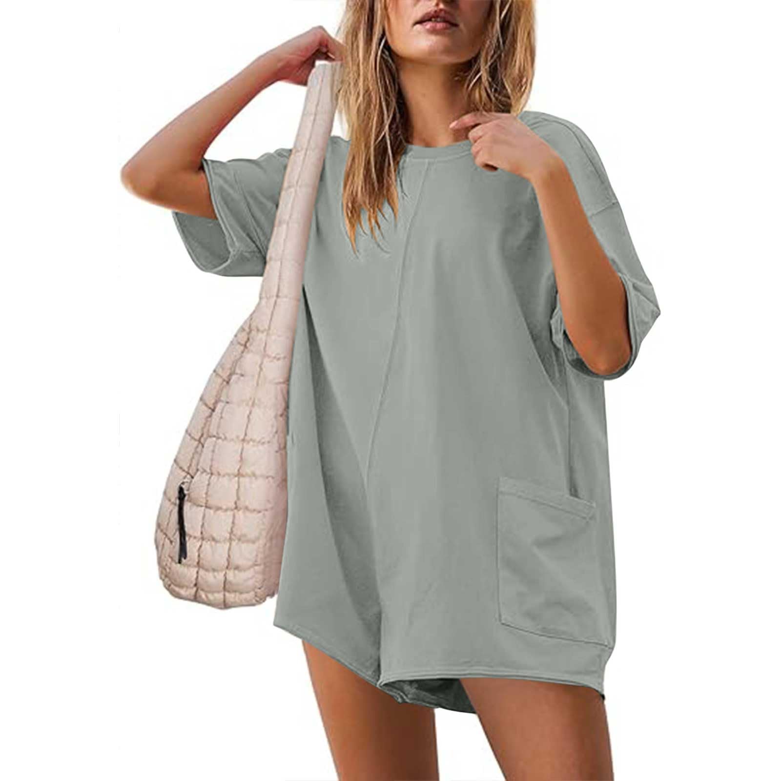 2024 Women's Summer Romper - Casual Half Sleeve Short Jumpsuit with Crewneck, Loose Fit Athletic Overalls & Pockets | Perfect for Beach Outings, Weekend Brunch & Outdoor Activities