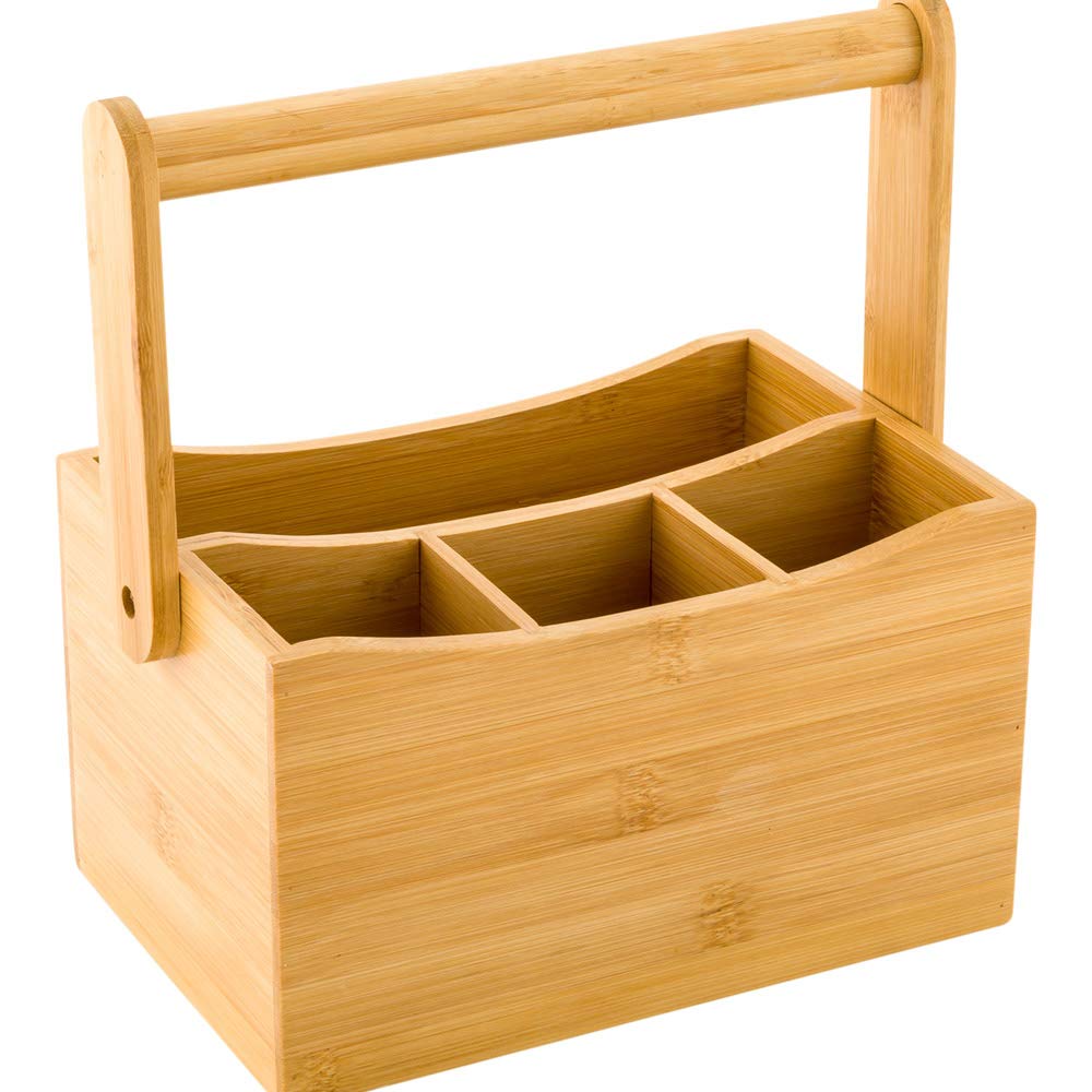 Restaurantware 8.25 x 5 x 9.25 Inch Silverware Caddy with Napkin Holder - Durable Outdoor Utensil Organizer with Built-In Handle, 4 Slots for Knives Forks Spoons - Bamboo Picnic & Camping Essential for Outdoor Dining
