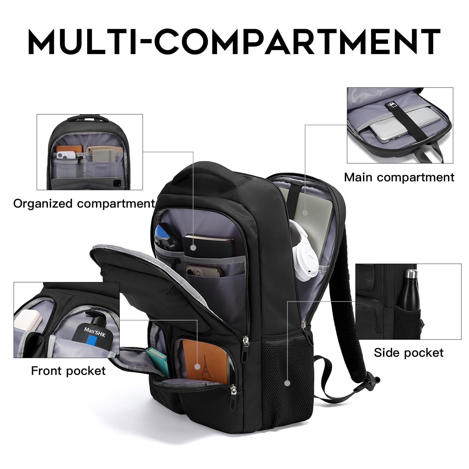 FUTURE AESTHETICS Unisex Waterproof Travel Backpack - Durable College Hiking Business Carry On Backpack for Women & Men (Black) - Perfect for Commuting, Outdoor Adventures & Work Travel
