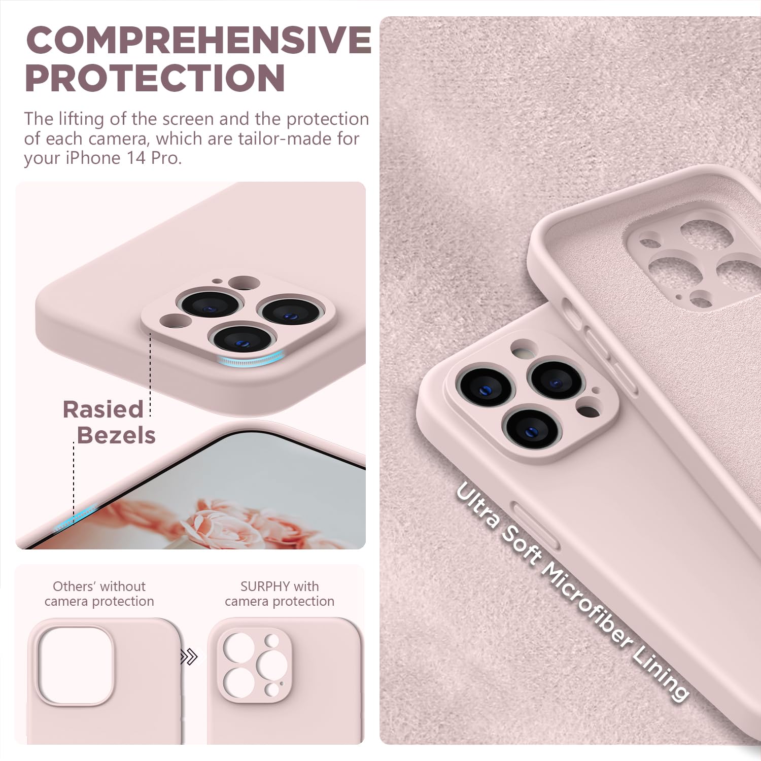 Premium Liquid Silicone Phone Case for iPhone 14 Pro (6.1 inch 2022 Model) - Soft Gel Rubber Cover with Camera Protection & Microfiber Lining - Pink | Slim Protective Case for Everyday Use, Work & Travel