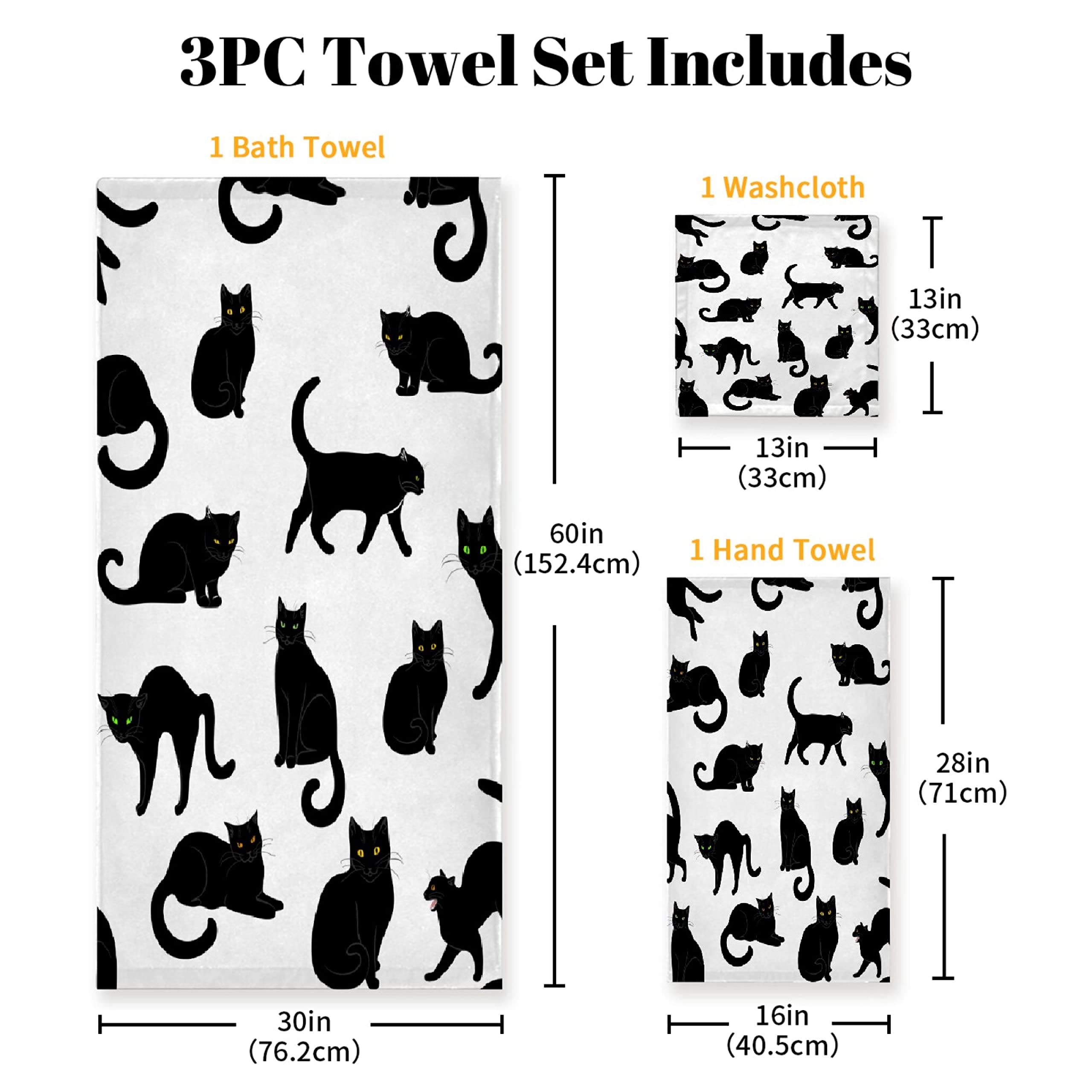 Premium Black Cat 3-Piece Bath Towel Set - 1 Bath Towel, 1 Hand Towel, 1 Washcloth - 100% Cotton Soft Absorbent Quick-Dry Towels for Bathroom, Kitchen & Home Decor - Perfect Gift for Cat Lovers & Cozy Home Essentials