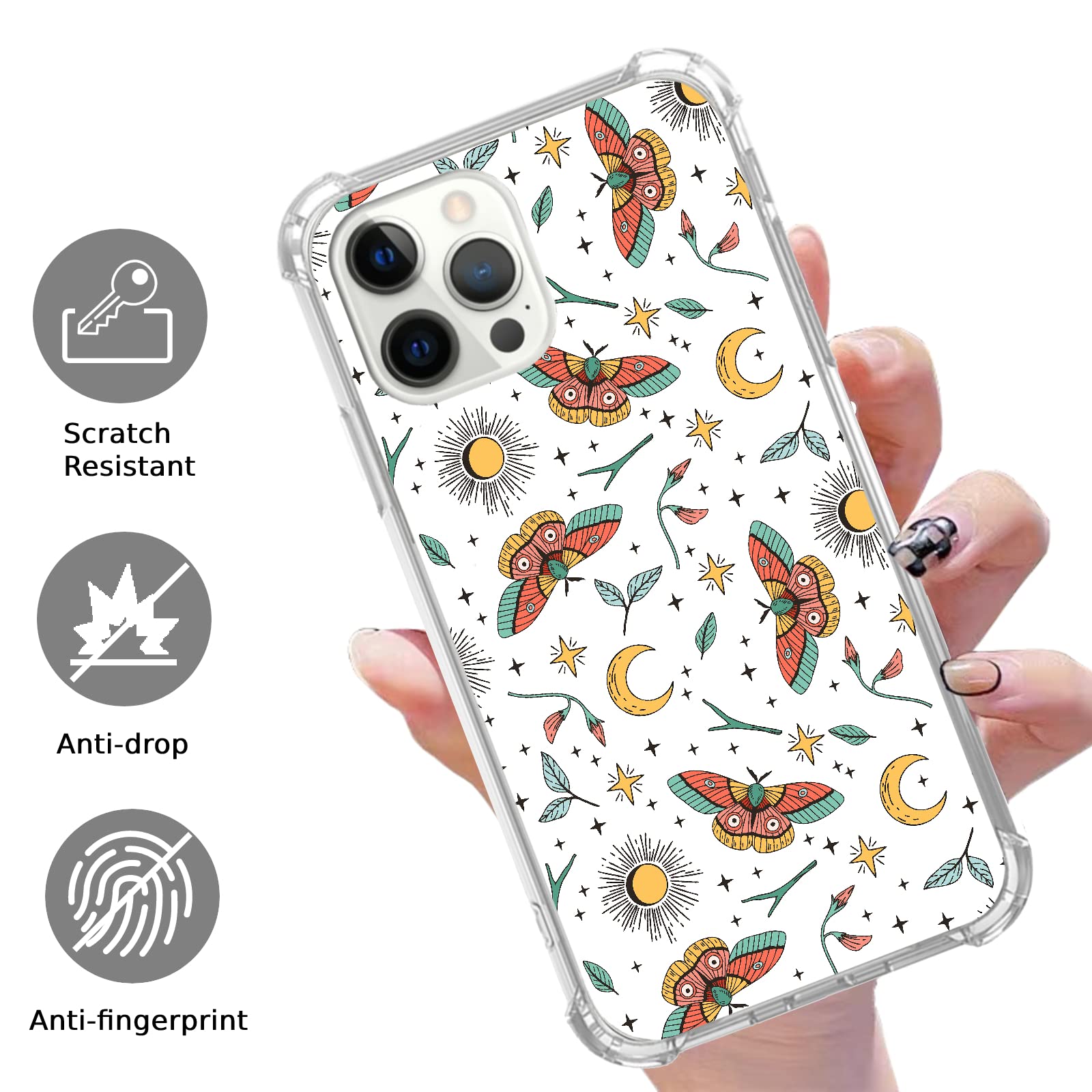 Witchy Sun Moon & Butterfly Cartoon iPhone 12 Pro Max Case | Cute TPU Bumper Phone Cover for Women Men Teens | Perfect for Daily Use, School & Outdoor Protection