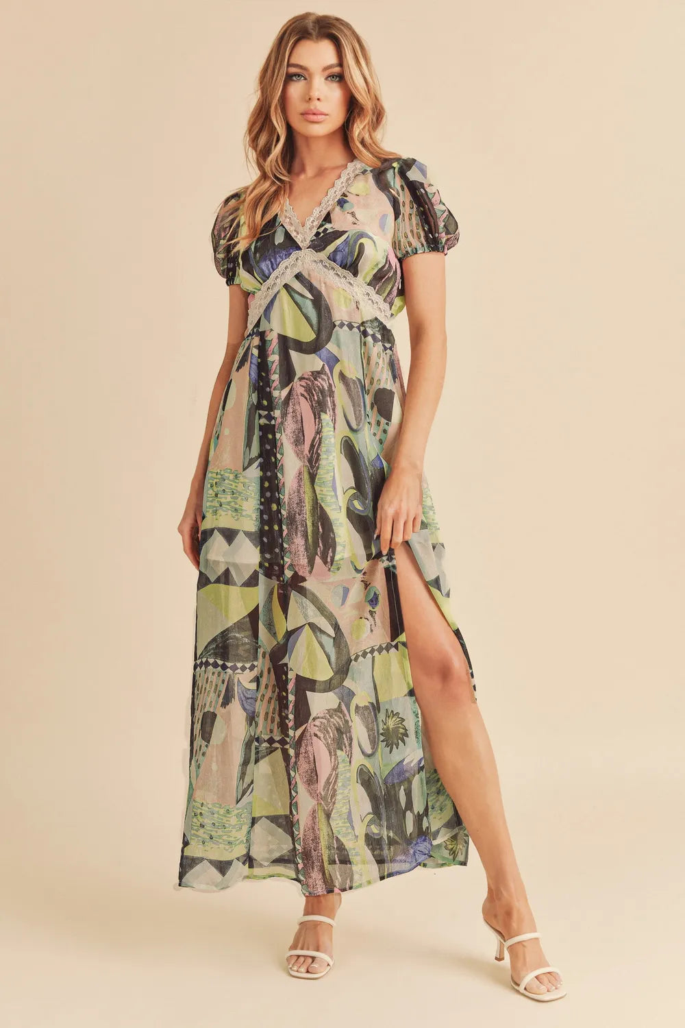 Elegant Lace Detail Slit Geometric Print Short Sleeve Resort Maxi Dress for Women - Perfect for Beach Vacations, Summer Parties & Boho Weddings