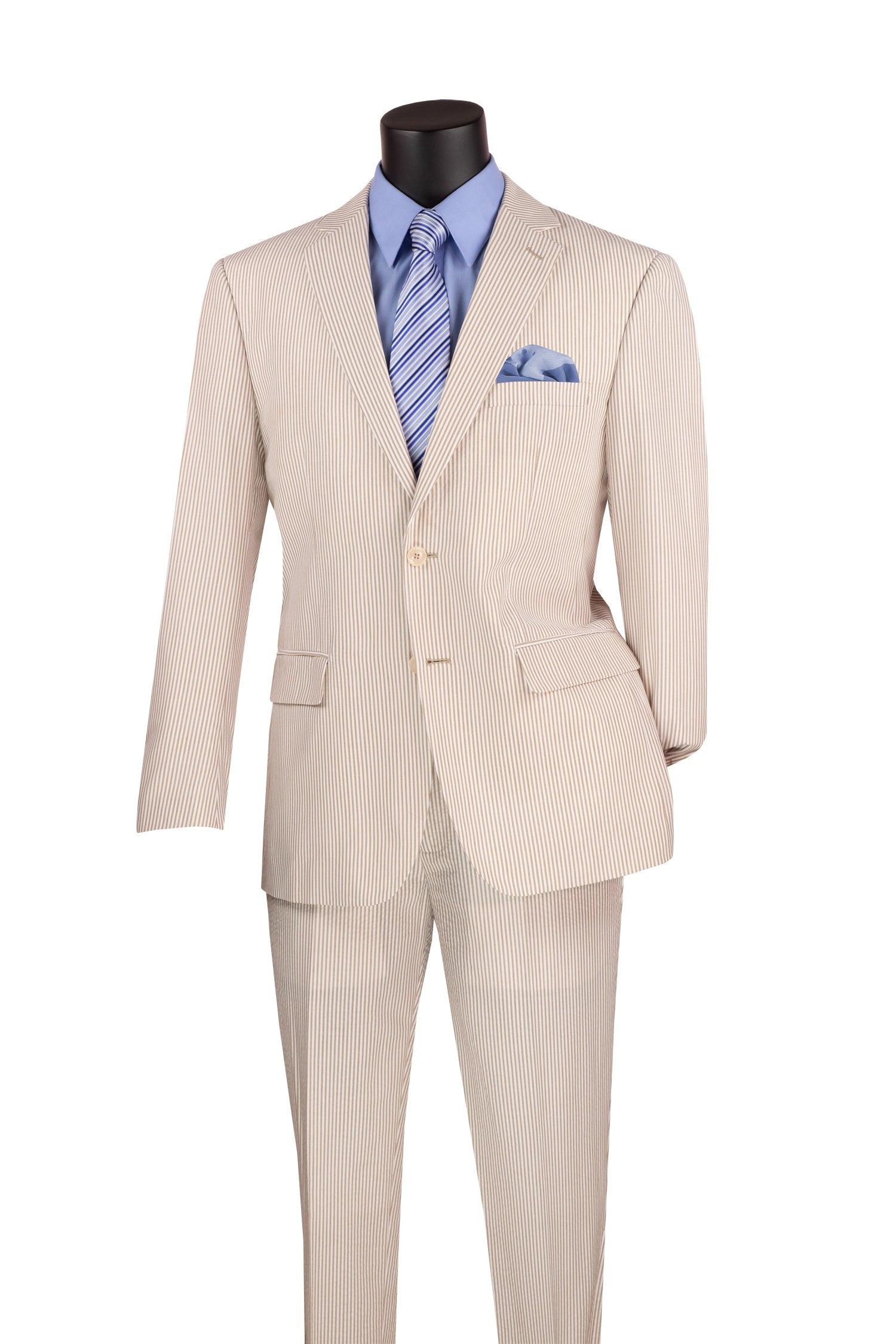 Men's 2-Piece Seersucker Modern Fit Suit in Tan Pinstripe - Lightweight Summer Wedding & Business Attire for Formal Occasions