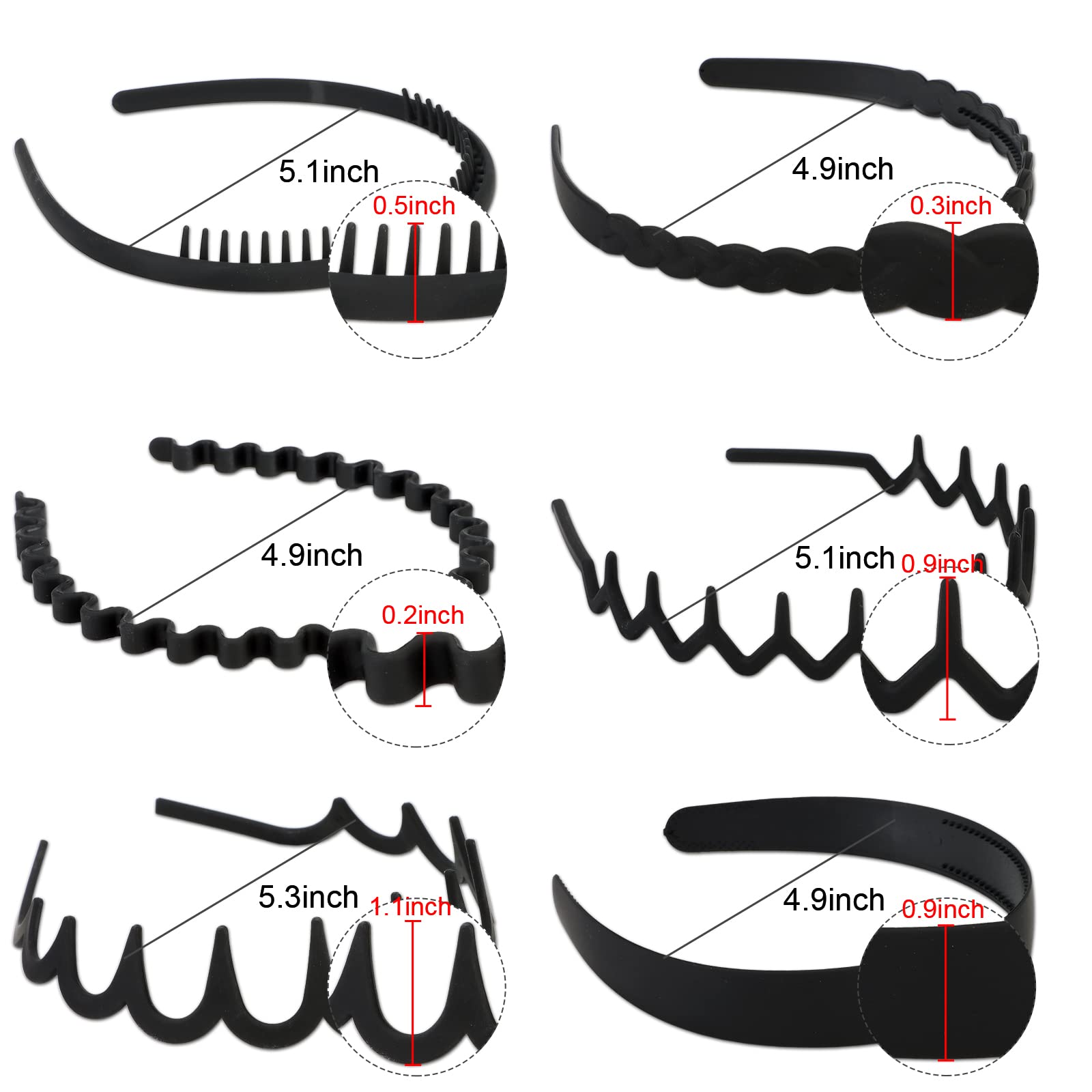 WHAVEL 6 Pack Non-Slip Plastic Headbands for Women & Men - Black Wavy Zig Zag Hair Bands with Teeth Comb for Effortless Styling | Perfect for Summer, Workouts, Yoga and Daily Use
