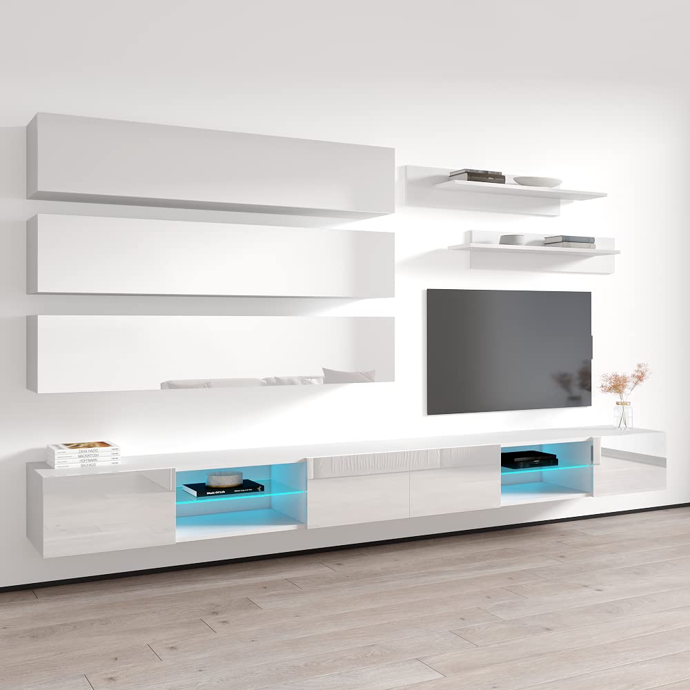 Modern White Wall-Mounted TV Stand with Storage Shelves & LED Lights - Floating Entertainment Center Console for Living Room & Bedroom - Meble Furniture Fly J1 33TV Stand - Perfect for Small Spaces & Home Theater Setups