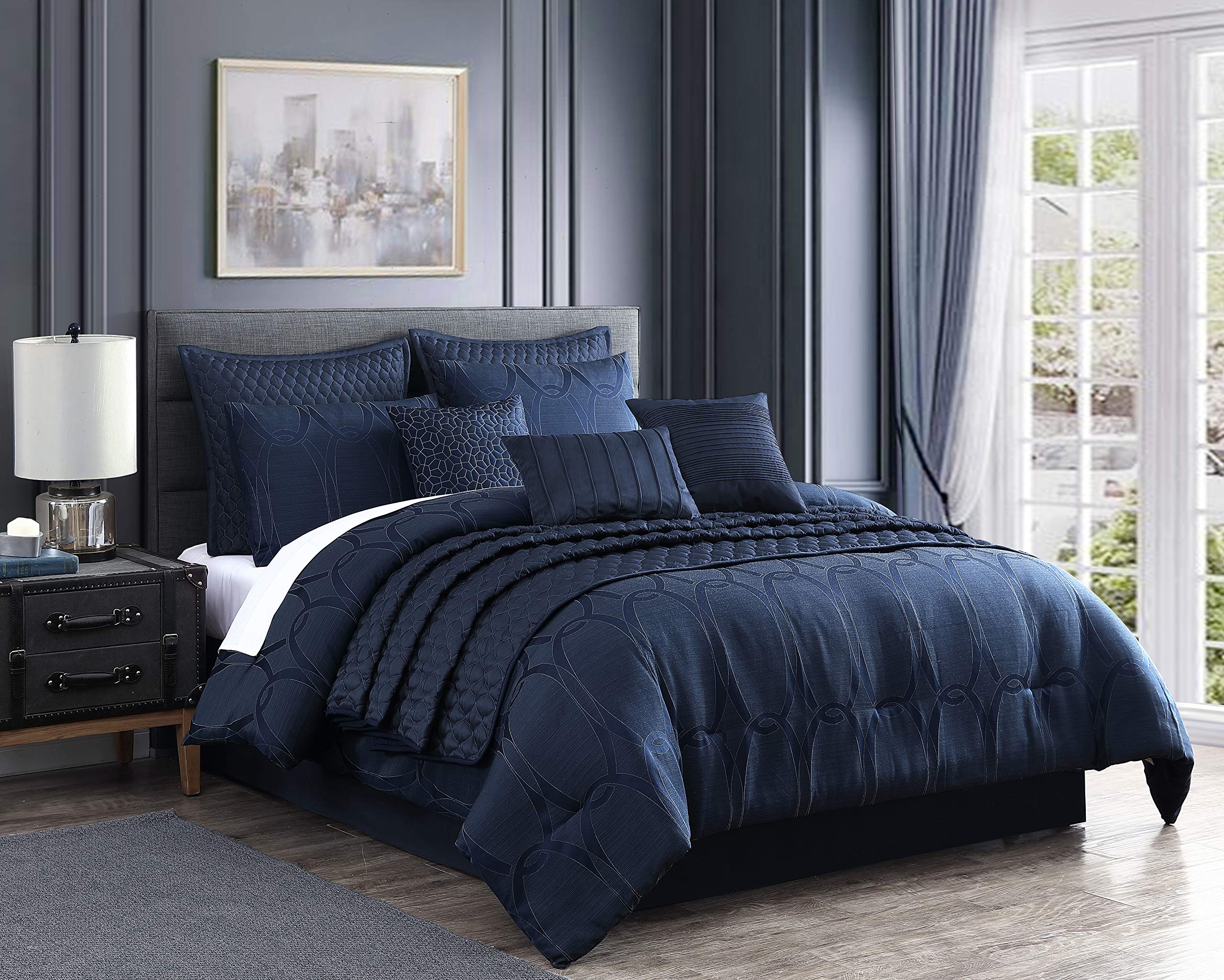 Riverbrook Home 100% Polyester Queen Size Comforter Set - 10 Piece Dark Blue Bedding Collection | Luxury Soft Bedspread for Master Bedroom & Guest Room Decor