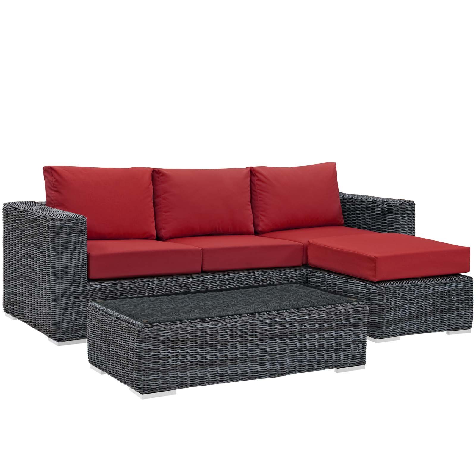 Modway Summon 3-Piece Outdoor Patio Sectional Sofa Set with Sunbrella Cushions in Canvas Red - Perfect for Backyard, Garden & Poolside Relaxation
