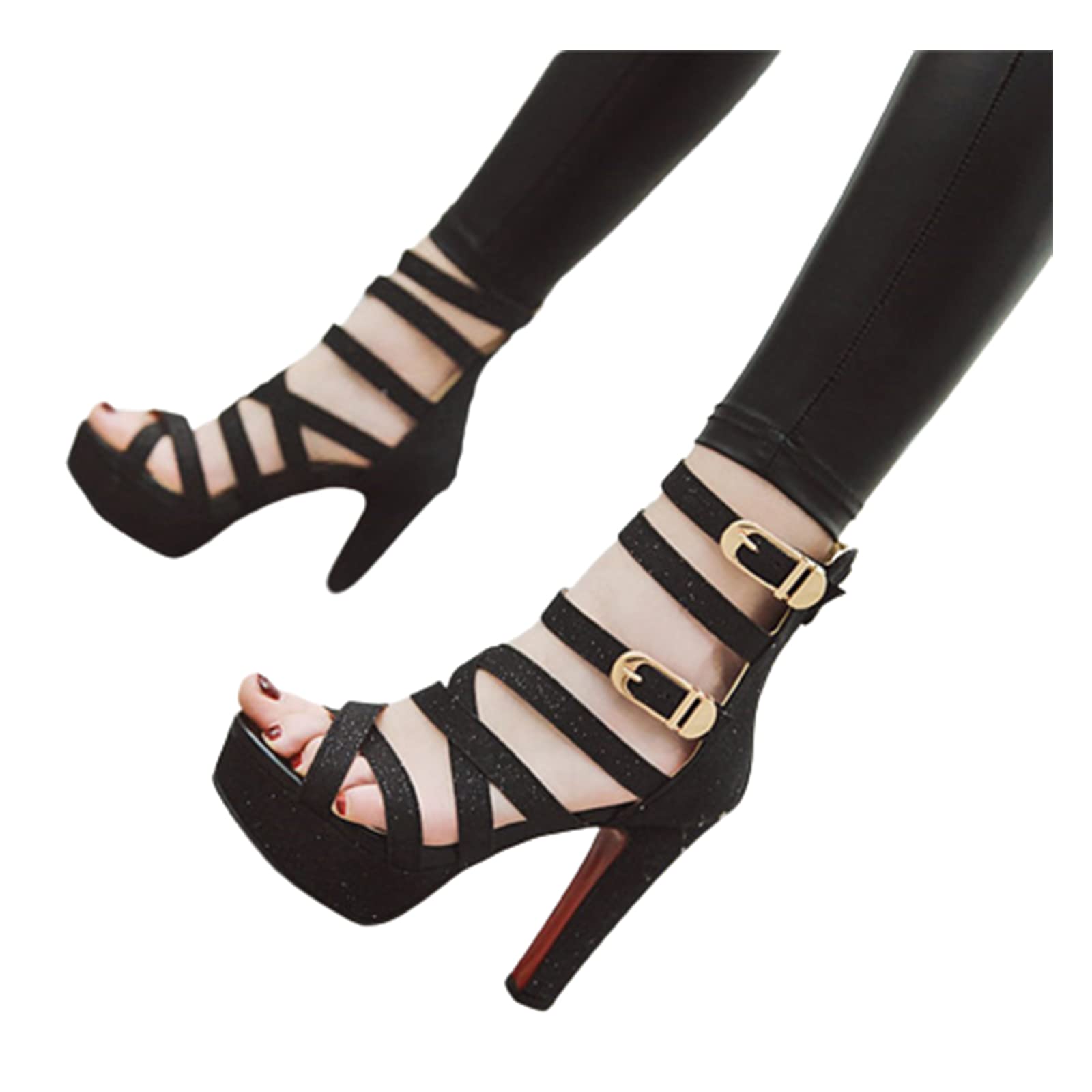 Women's Gold Glitter Chunky Heel Sandals - PU Leather Strappy Gladiator Shoes with Zipper for Casual, Party & Club Wear | Comfortable & Stylish Summer Fashion Footwear