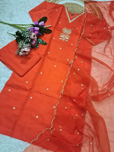 Elegant Orange Chanderi Ethnic Suit with Organza Dupatta - Traditional Indian Kurti Set for Women - Perfect for Weddings, Festivals & Special Occasions