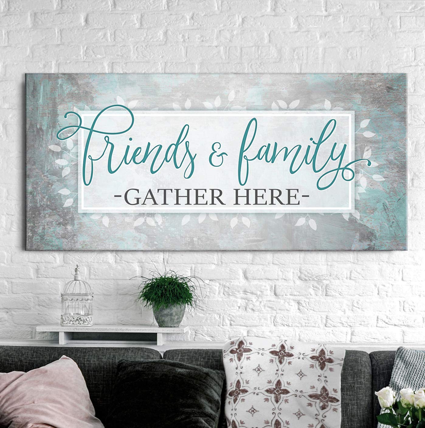 Friends And Family Gather Here Sign - Large Teal Canvas Wall Art (42x19) for Front Door Decor, Entryway Home Decor & Housewarming Gifts - Perfect for Welcoming Guests & Creating Cozy Atmosphere