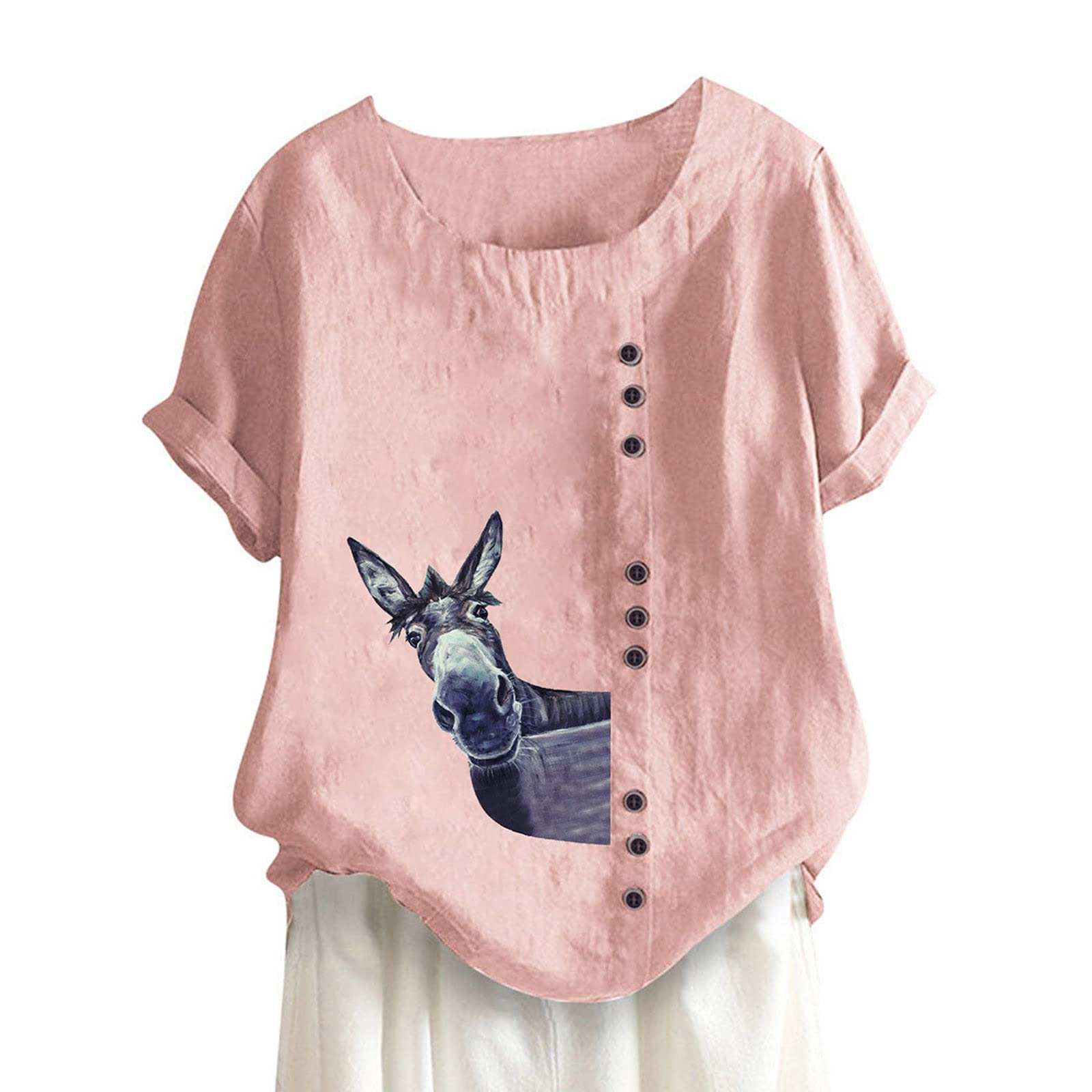 YZHM Women's Summer Cotton Linen Blouse - Breathable Loose Tunic Top with Short Sleeves & Crewneck Button Design | Perfect for Casual Outings, Office Wear & Beach Vacations