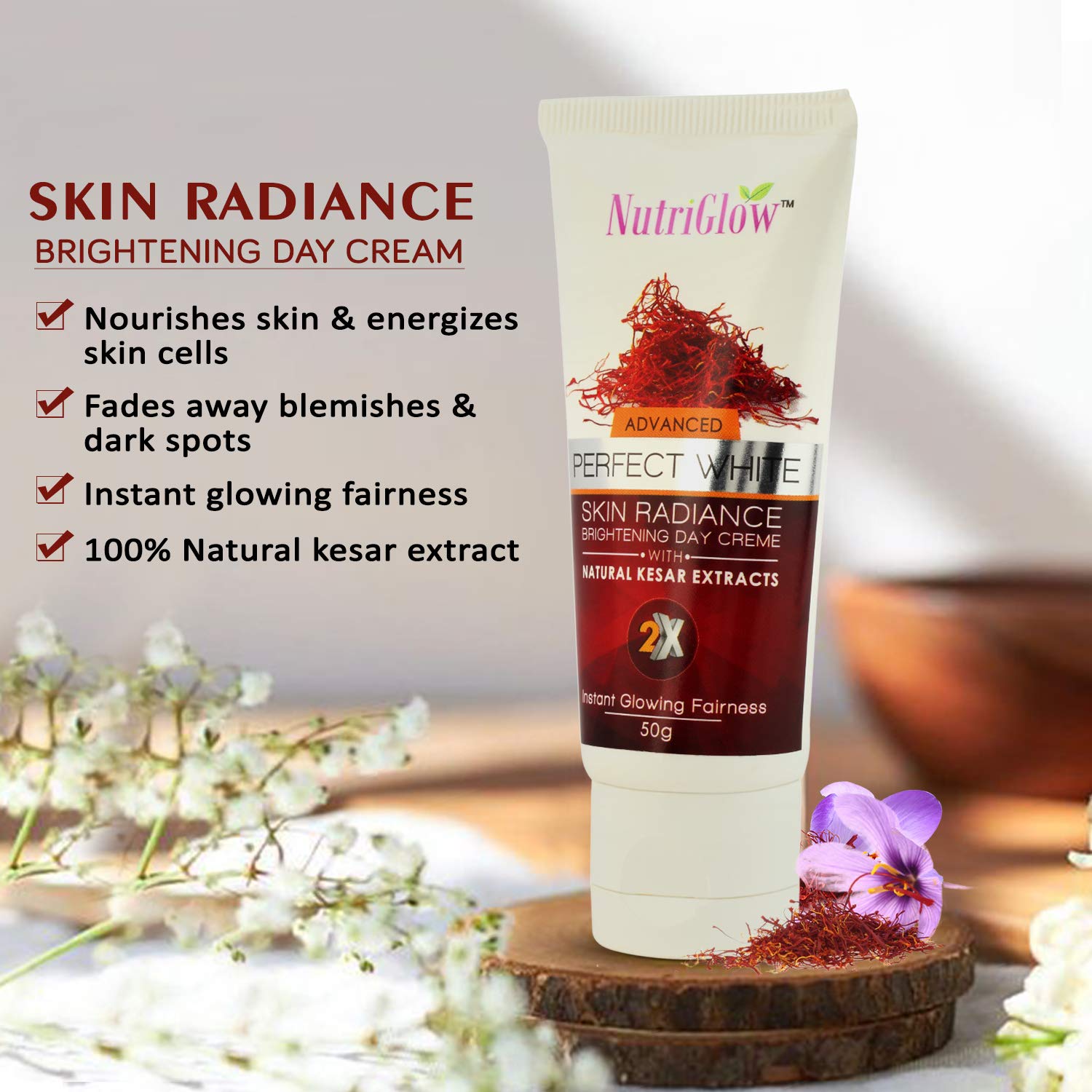 NutriGlow Gold Kesar Cleanser (65 ml) + De Tan Scrub (65 gm) + Skin Radiance Day Cream (50 gm) - Instant Glowing Skin Care Set for Deep Pore Cleansing, Moisturizing & Acne Treatment | Best for Oily Skin & Blackheads Removal | Perfect for Daily Skincare Routine & Spa Day at Home
