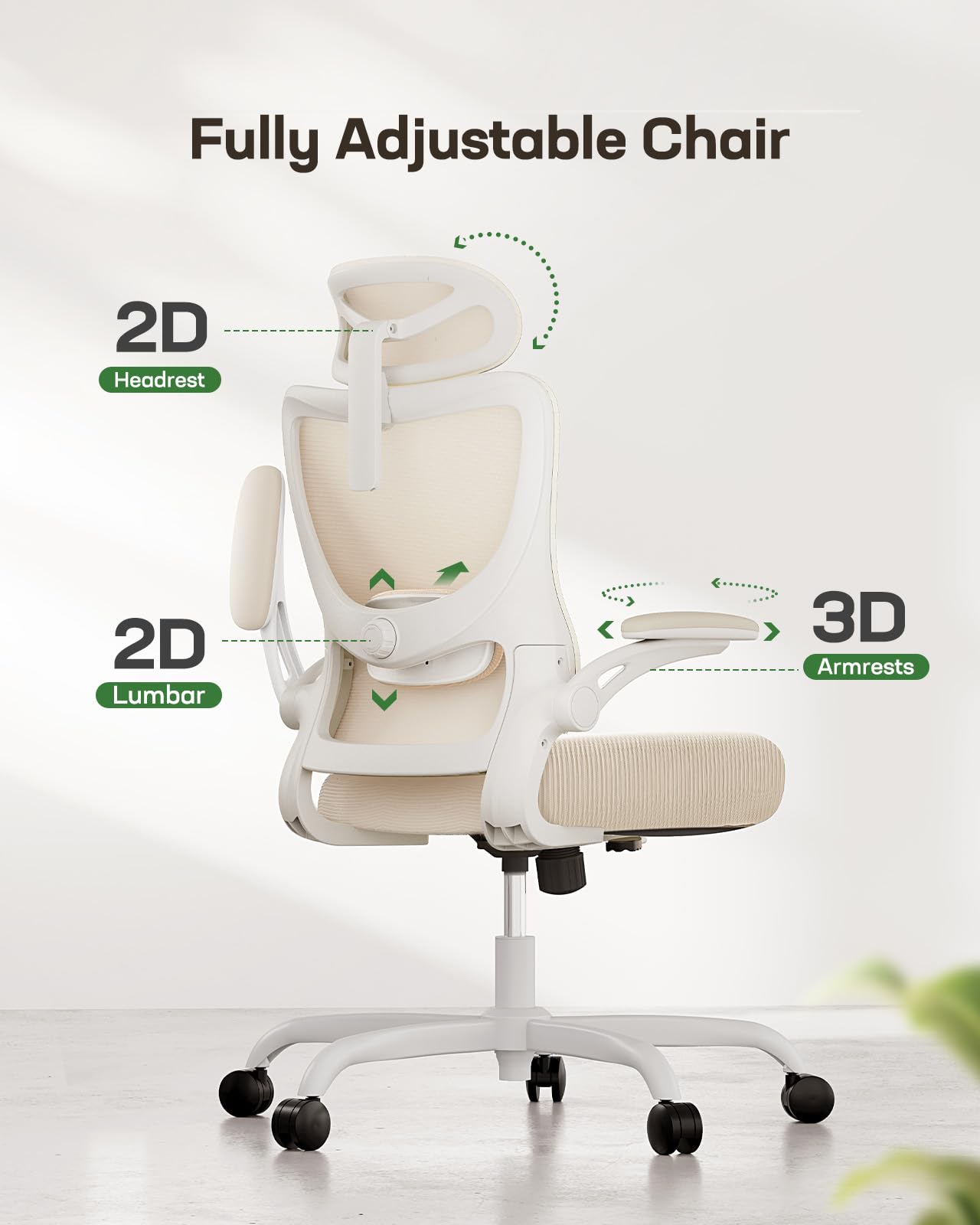 Marsail Ergonomic Office Chair - High Back Mesh Computer Desk Chair with Adjustable Lumbar Support, 3D Armrests & Headrest - Rolling Swivel Task Chair with Wheels (White) - Perfect for Home Office, Gaming & Workspace Comfort