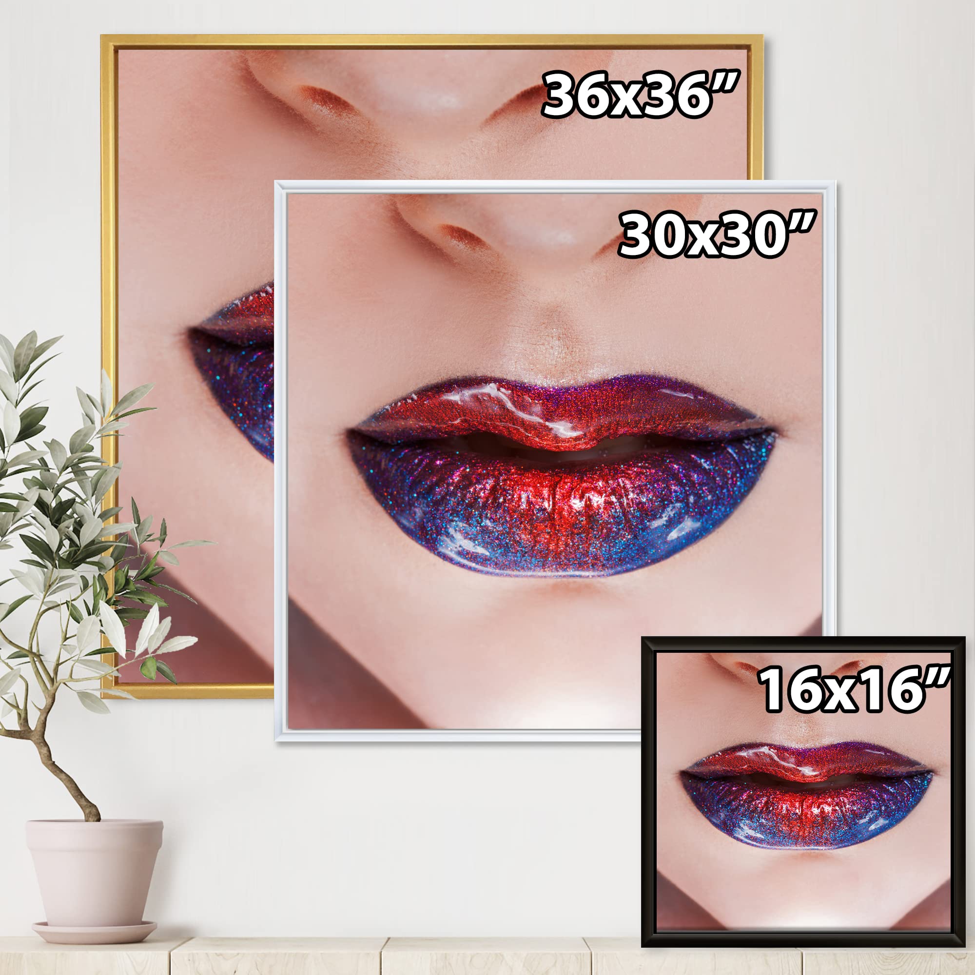 DesignQ Vibrant Lipstick Lips - Modern Framed Canvas Wall Art Print for Living Room, Bedroom & Office Decor