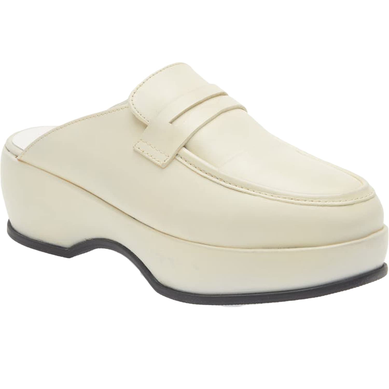 GitHubafu Women's Leather Slip-On Mules - Round Toe Backless Loafers with Platform for Casual & Office Wear - Comfortable Dress Shoes for Women