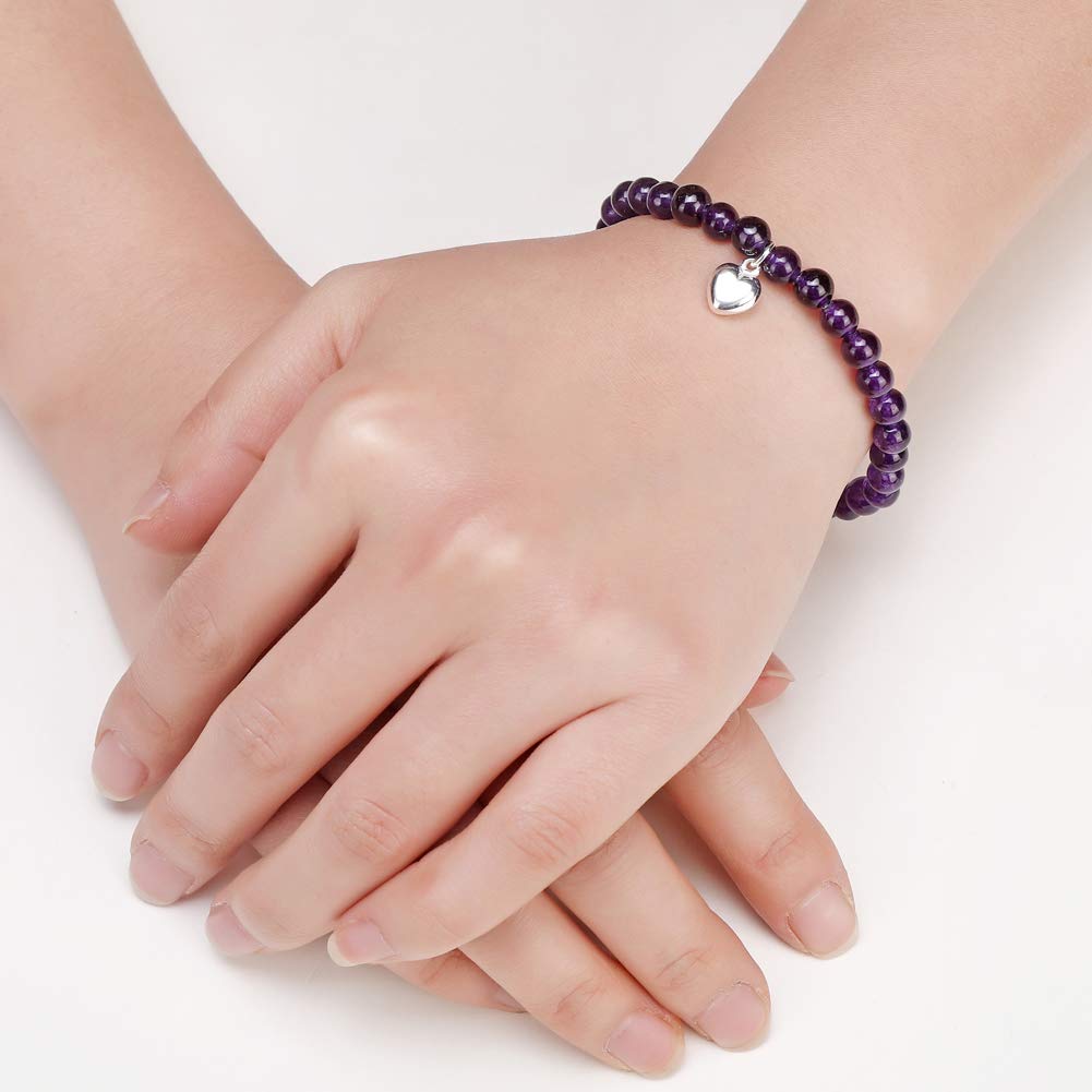 Amethyst Bead Bracelet for 10 Year Old Girl - Sterling Silver Heart Charm, Gift Box & Card - Perfect for Christmas & Birthday Gifts